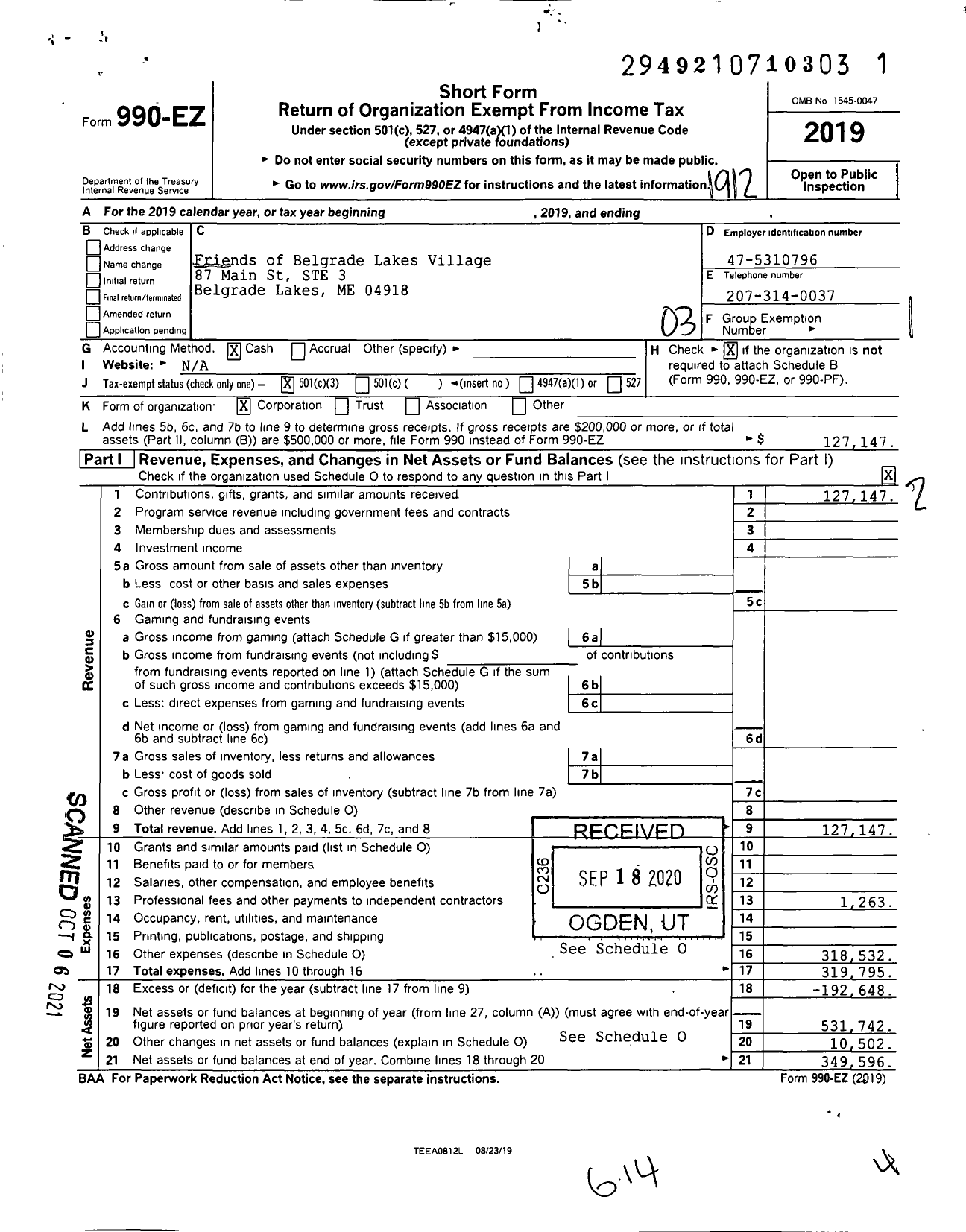 Image of first page of 2019 Form 990EZ for Friends of Belgrade Lakes Village