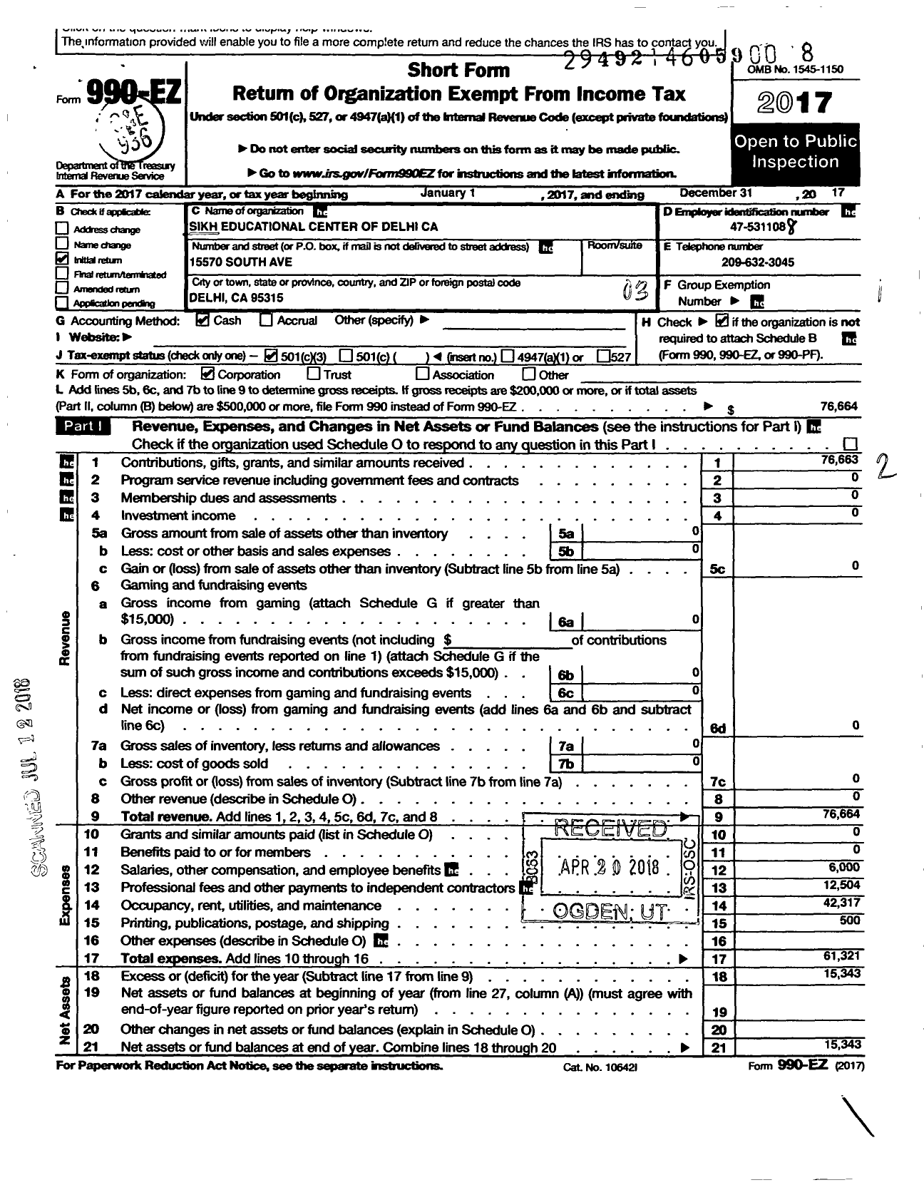 Image of first page of 2017 Form 990EZ for Sikh Educational Center of Delhi Ca