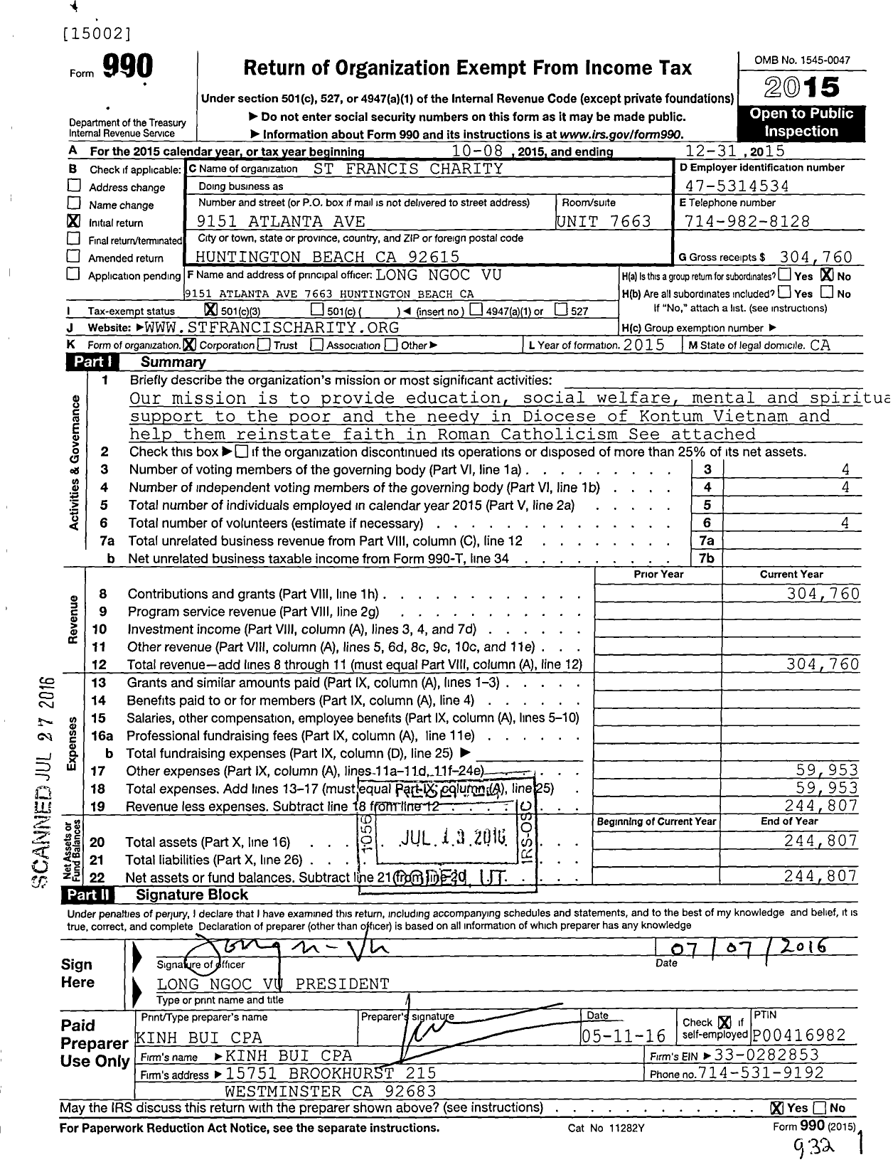 Image of first page of 2015 Form 990 for St Francis Charity