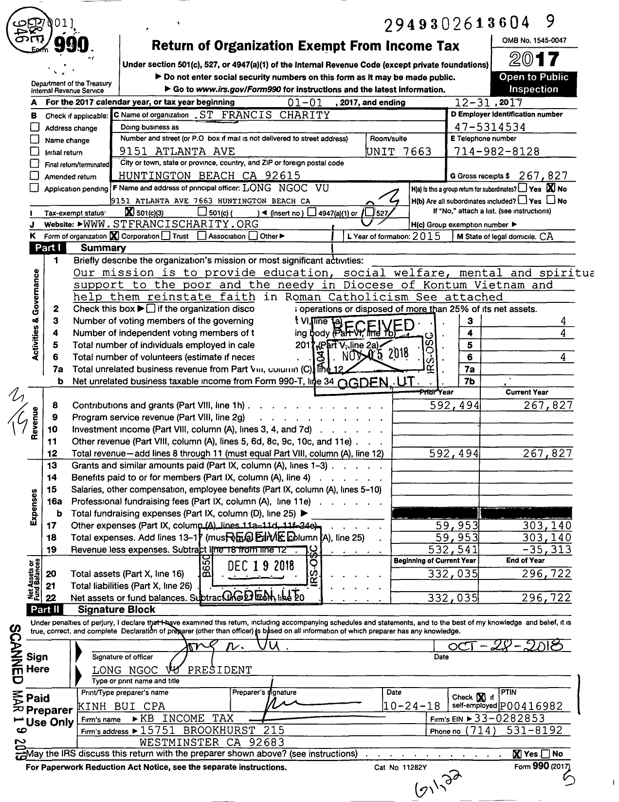 Image of first page of 2017 Form 990 for St Francis Charity