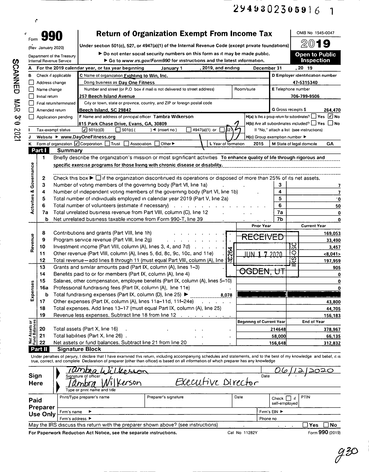 Image of first page of 2019 Form 990 for Day One Fitness