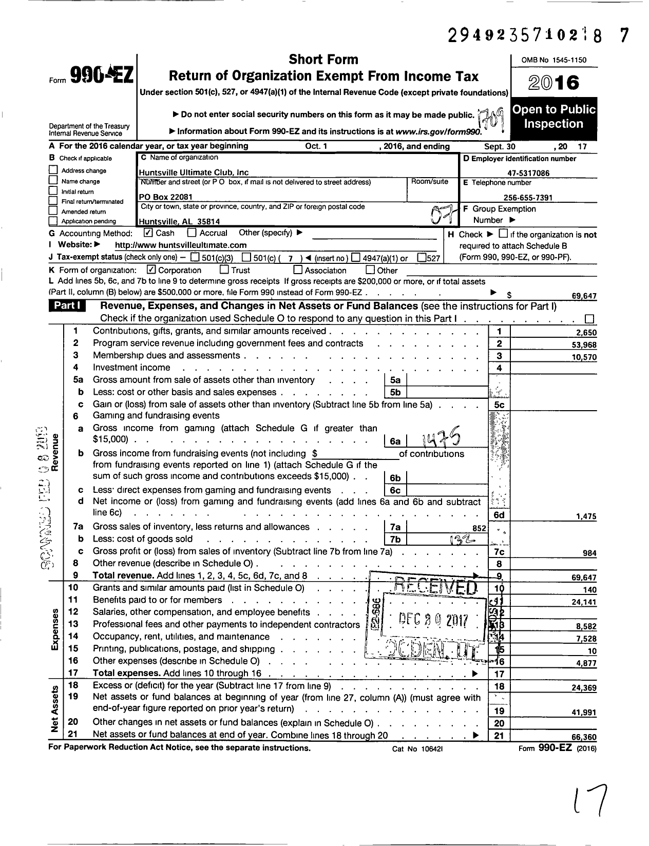 Image of first page of 2016 Form 990EO for Huntsville Ultimate Club