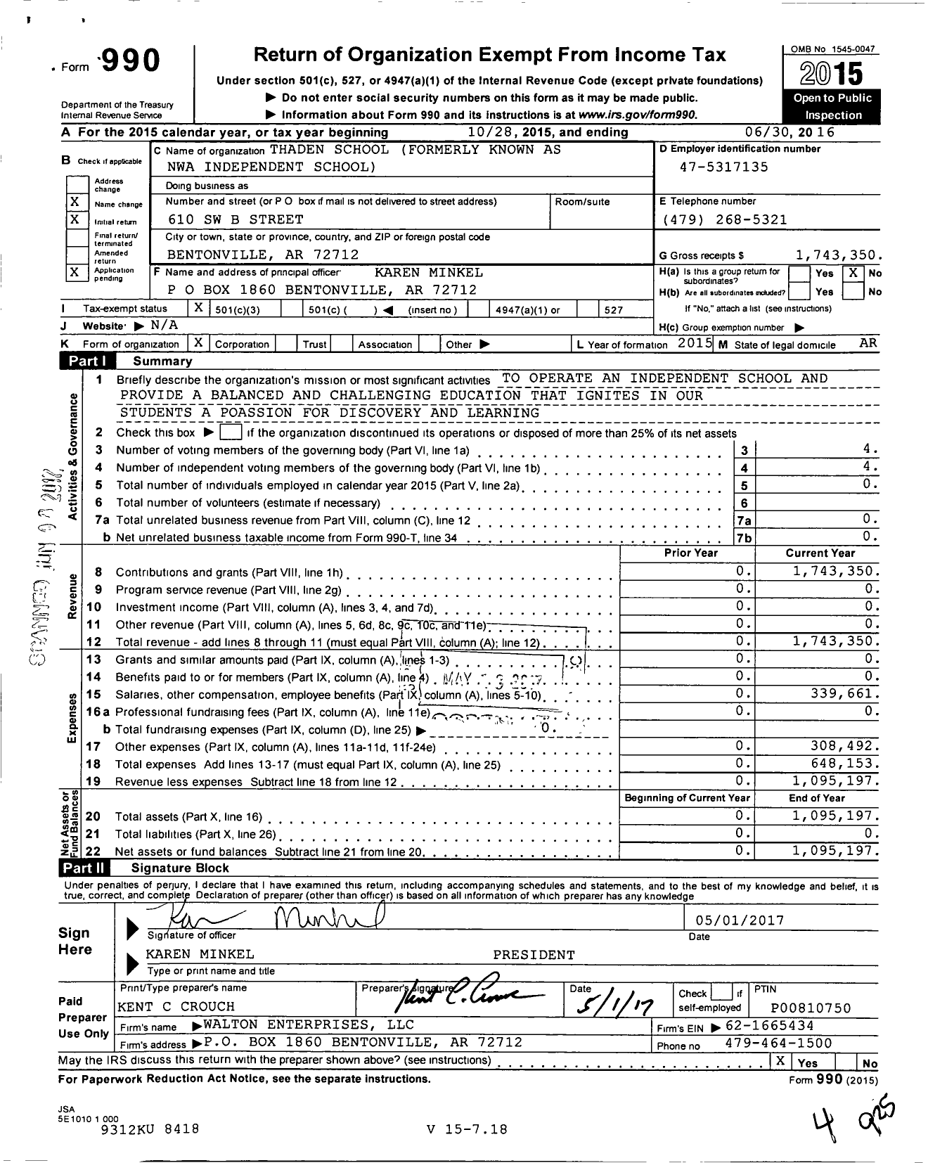 Image of first page of 2015 Form 990 for Thaden School