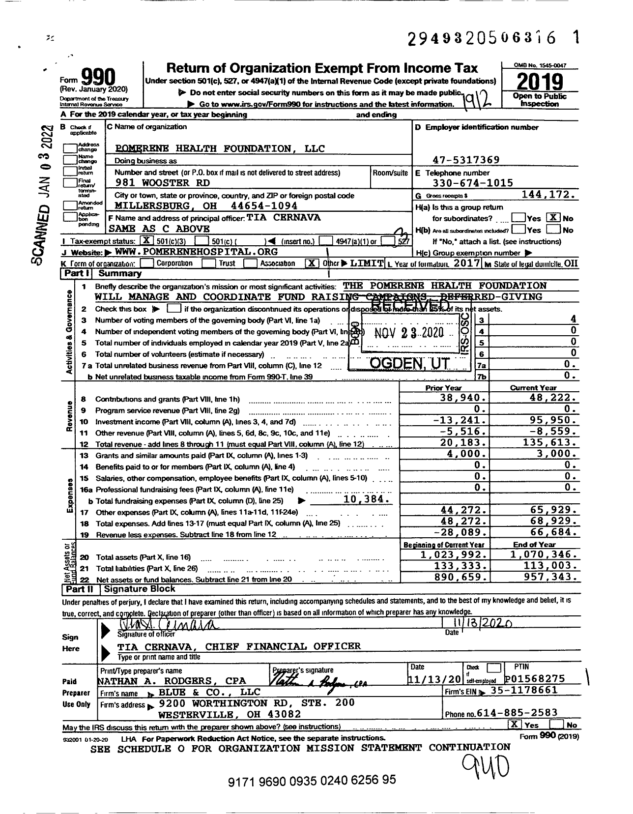 Image of first page of 2019 Form 990 for Pomerene Health Foundation LLC