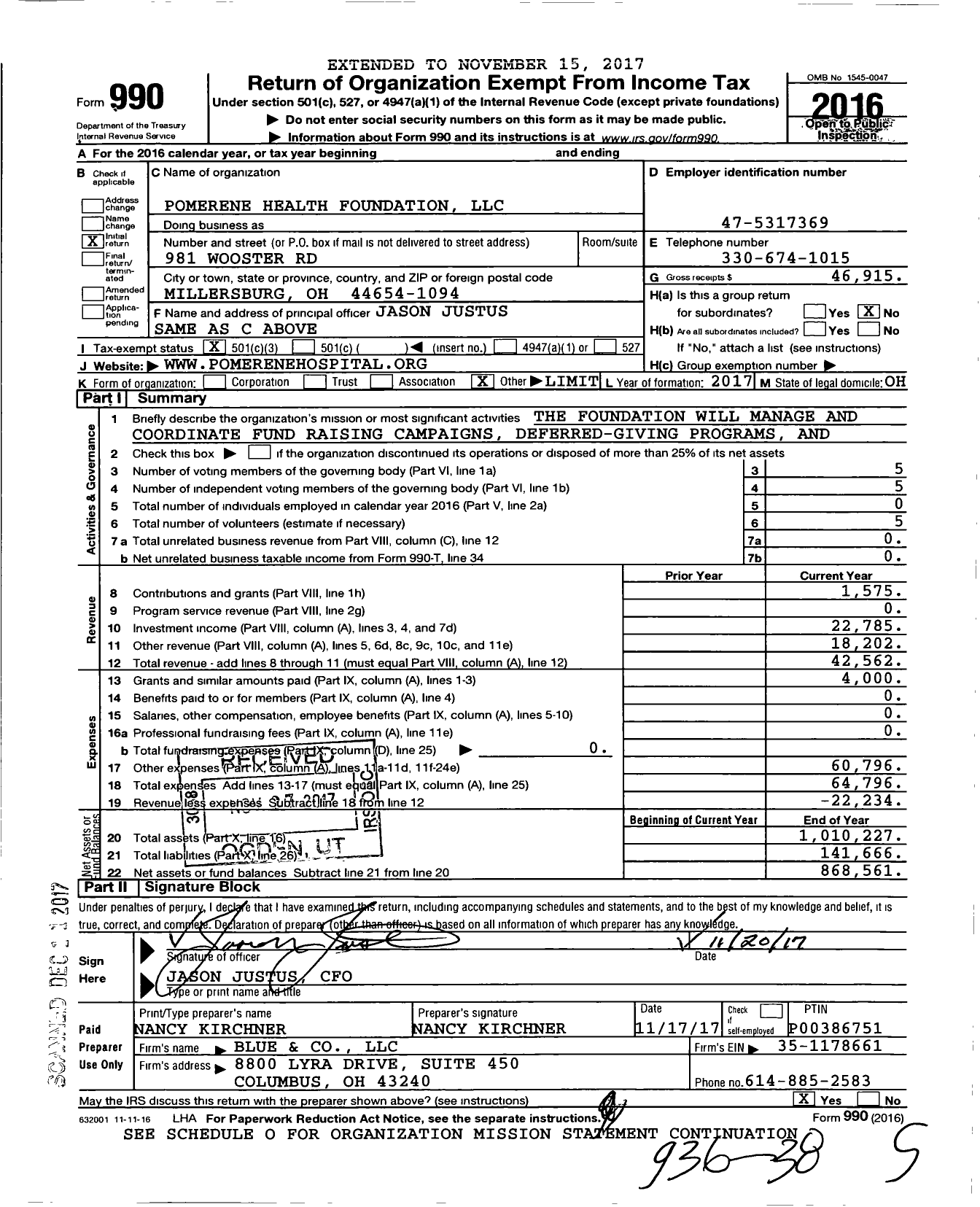 Image of first page of 2016 Form 990 for Pomerene Health Foundation LLC