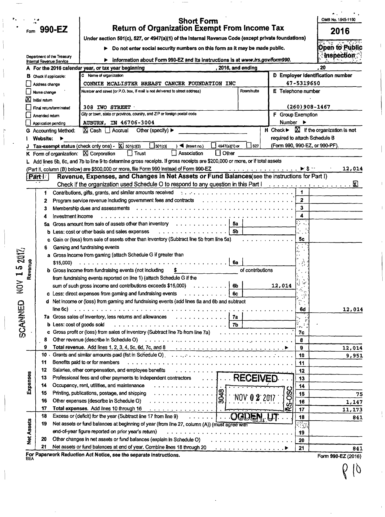 Image of first page of 2016 Form 990EZ for Connie Mcalister Breast Cancer Foundation