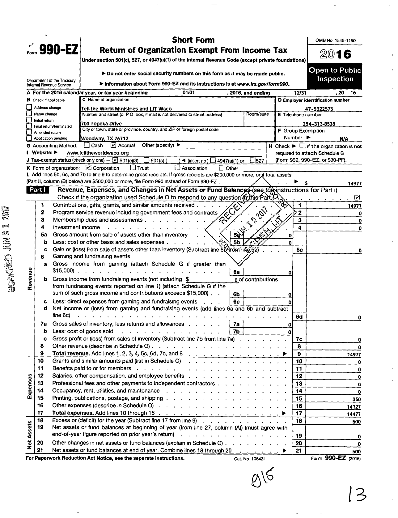 Image of first page of 2016 Form 990EZ for Tell the World Ministries