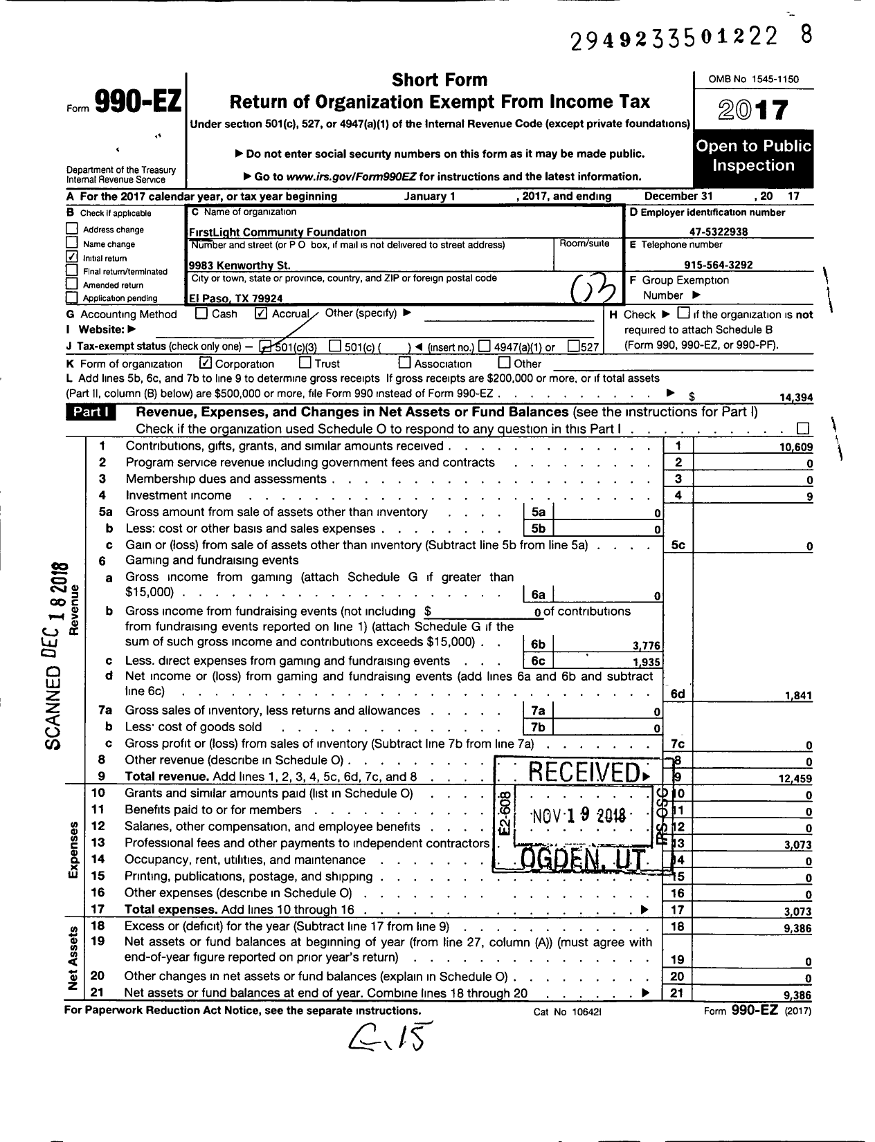 Image of first page of 2017 Form 990EZ for Firstlight Community Foundation