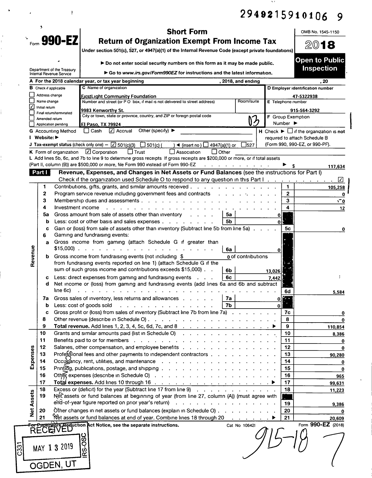 Image of first page of 2018 Form 990EZ for Firstlight Community Foundation