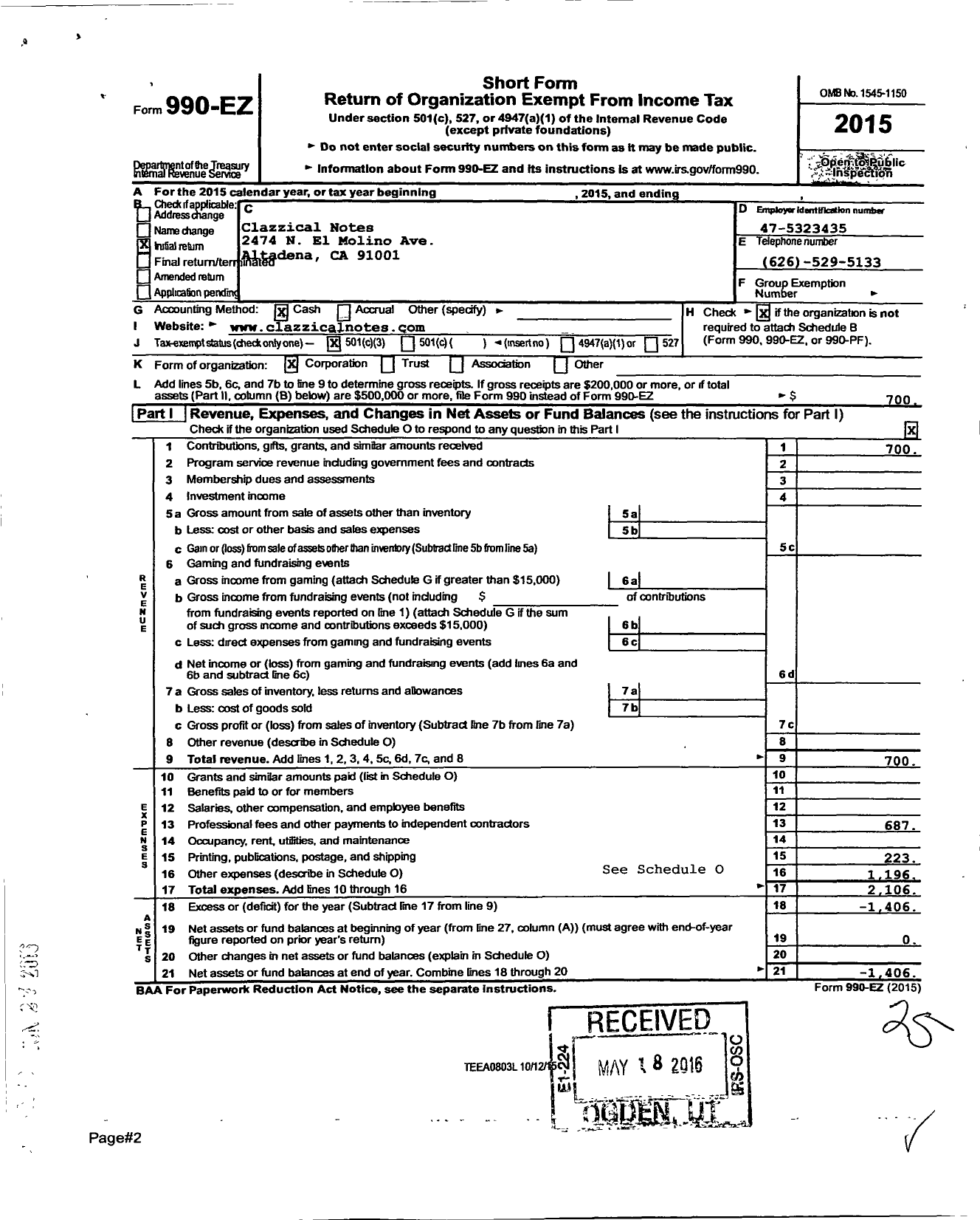 Image of first page of 2015 Form 990EZ for Clazzical Notes