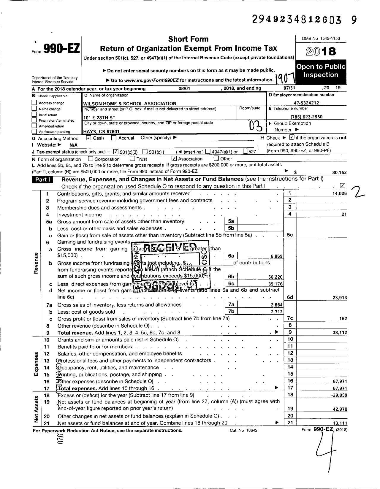 Image of first page of 2018 Form 990EZ for Wilson Home and School Association