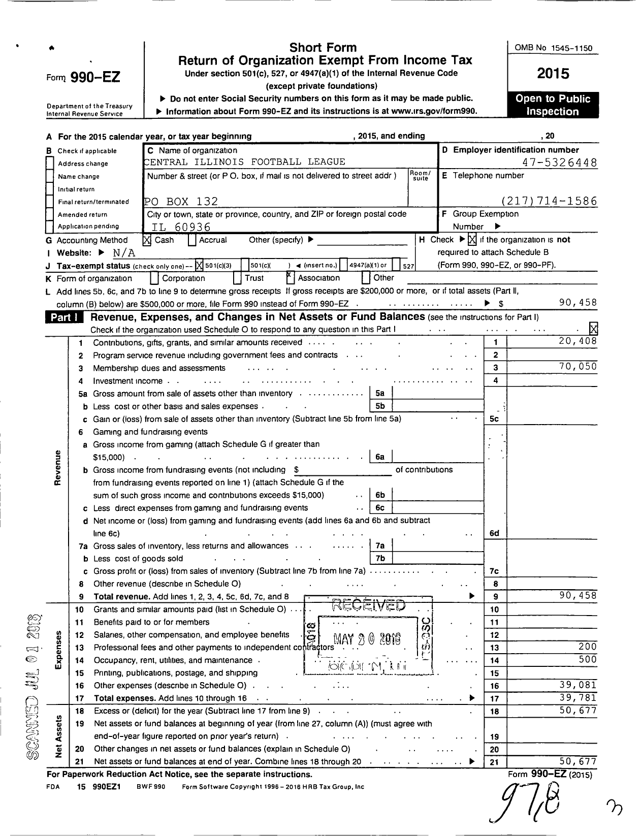 Image of first page of 2015 Form 990EZ for Central Illinois Football League