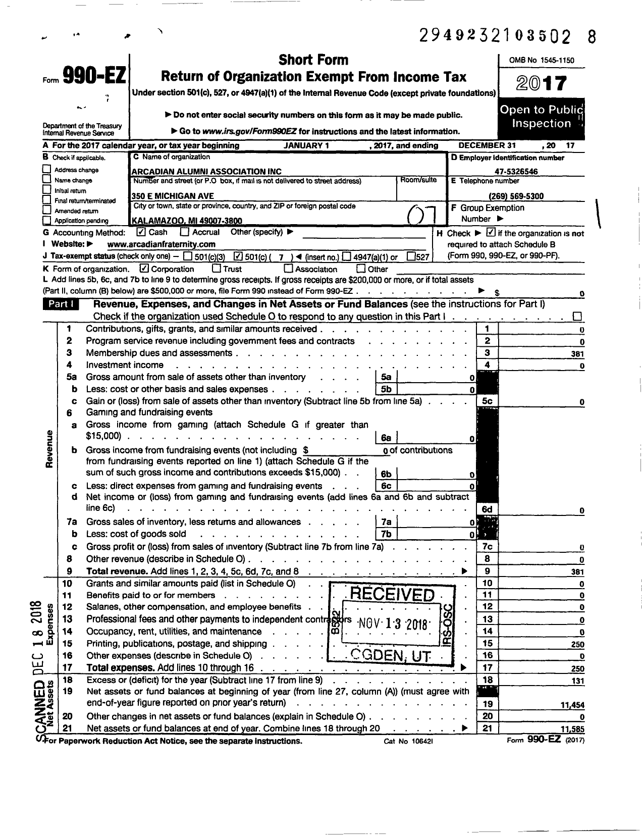 Image of first page of 2017 Form 990EO for Arcadian Alumni Association