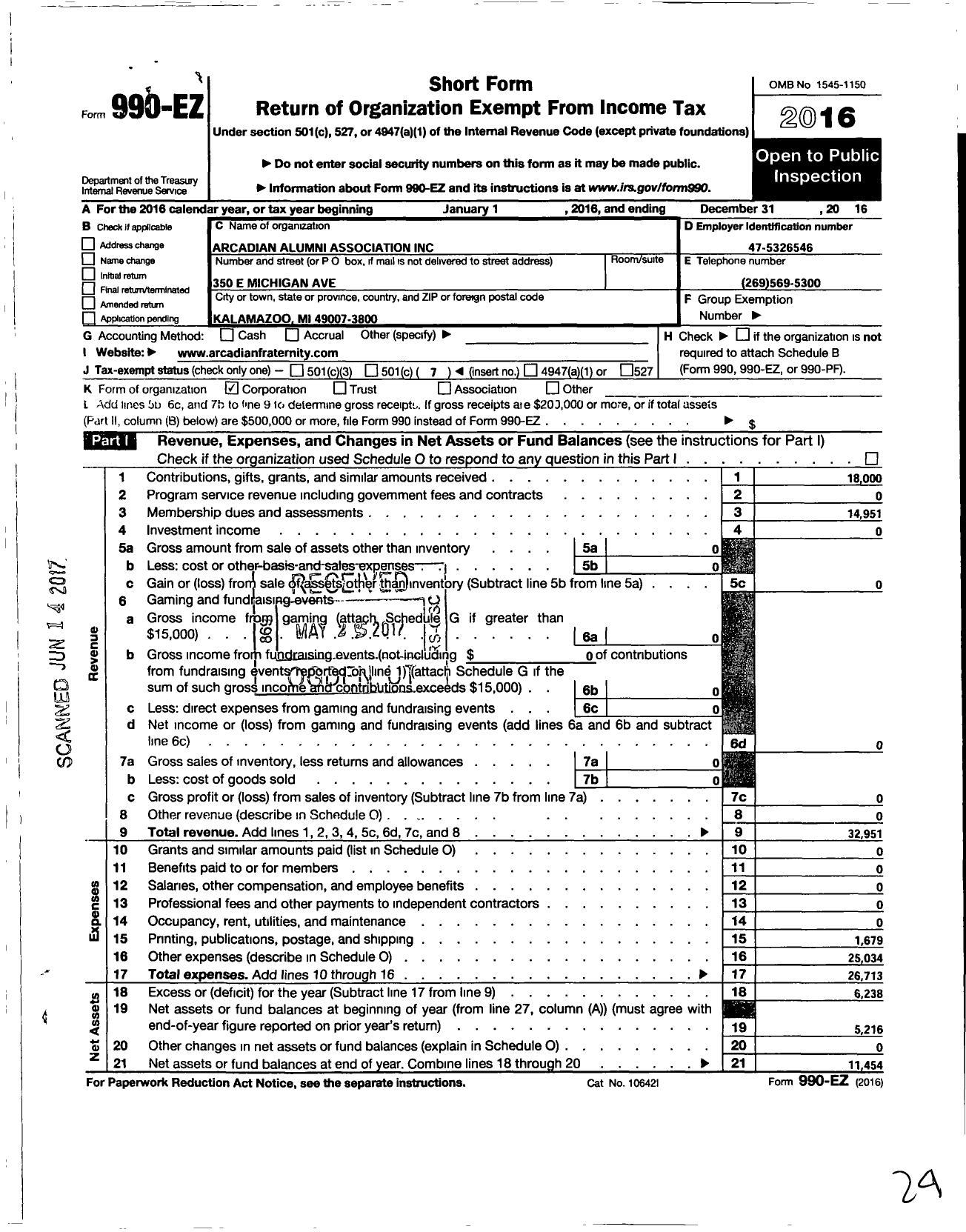 Image of first page of 2016 Form 990EO for Arcadian Alumni Association