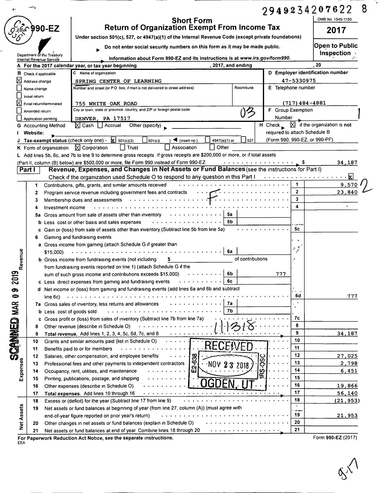 Image of first page of 2017 Form 990EZ for Spring Center of Learning