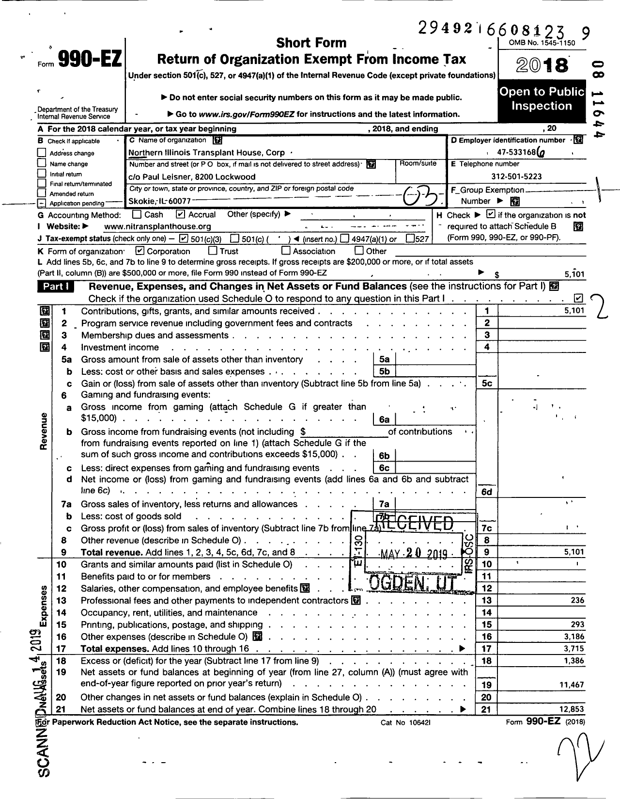 Image of first page of 2018 Form 990EZ for Northern Illinois Transplant House