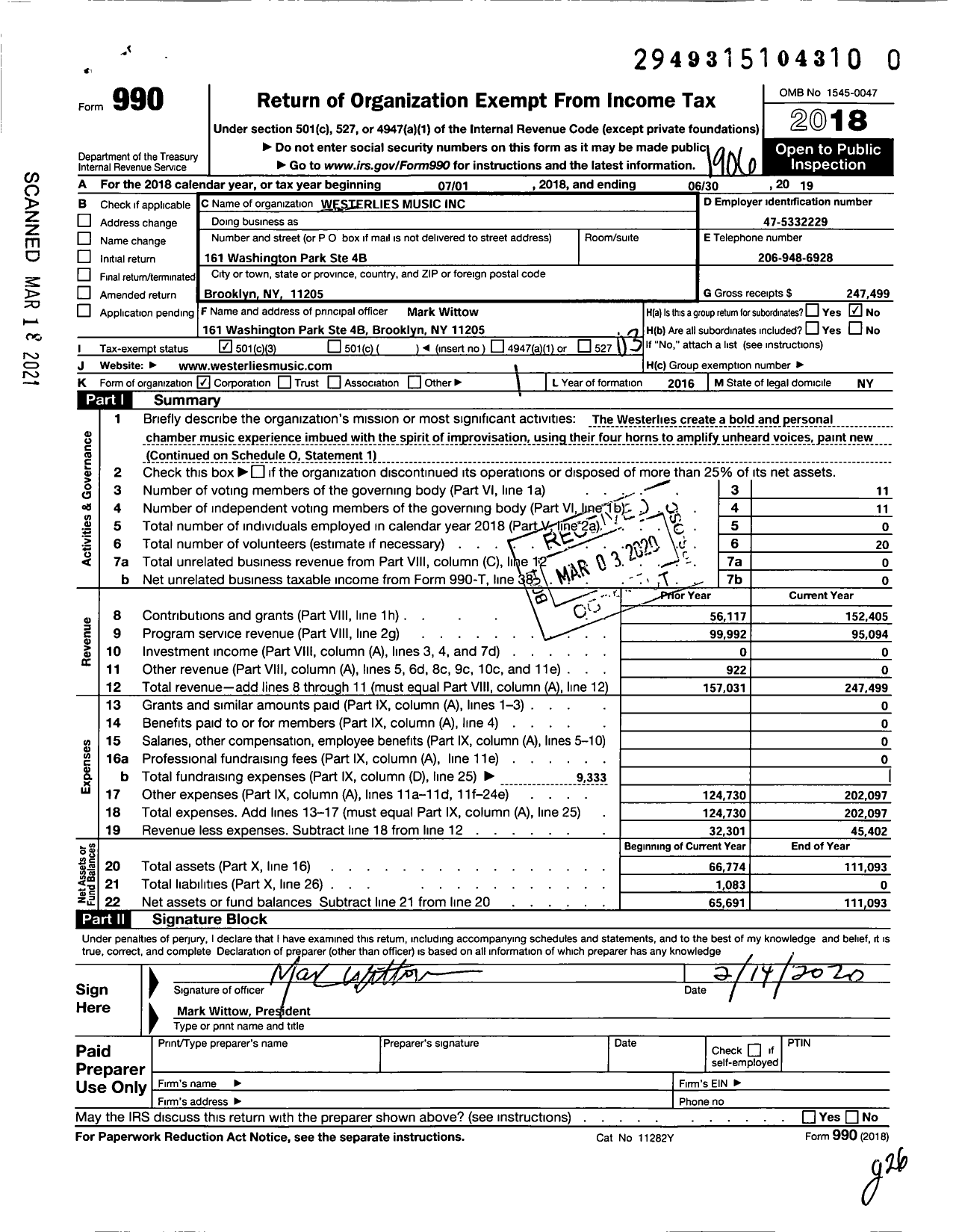 Image of first page of 2018 Form 990 for Westerlies Music