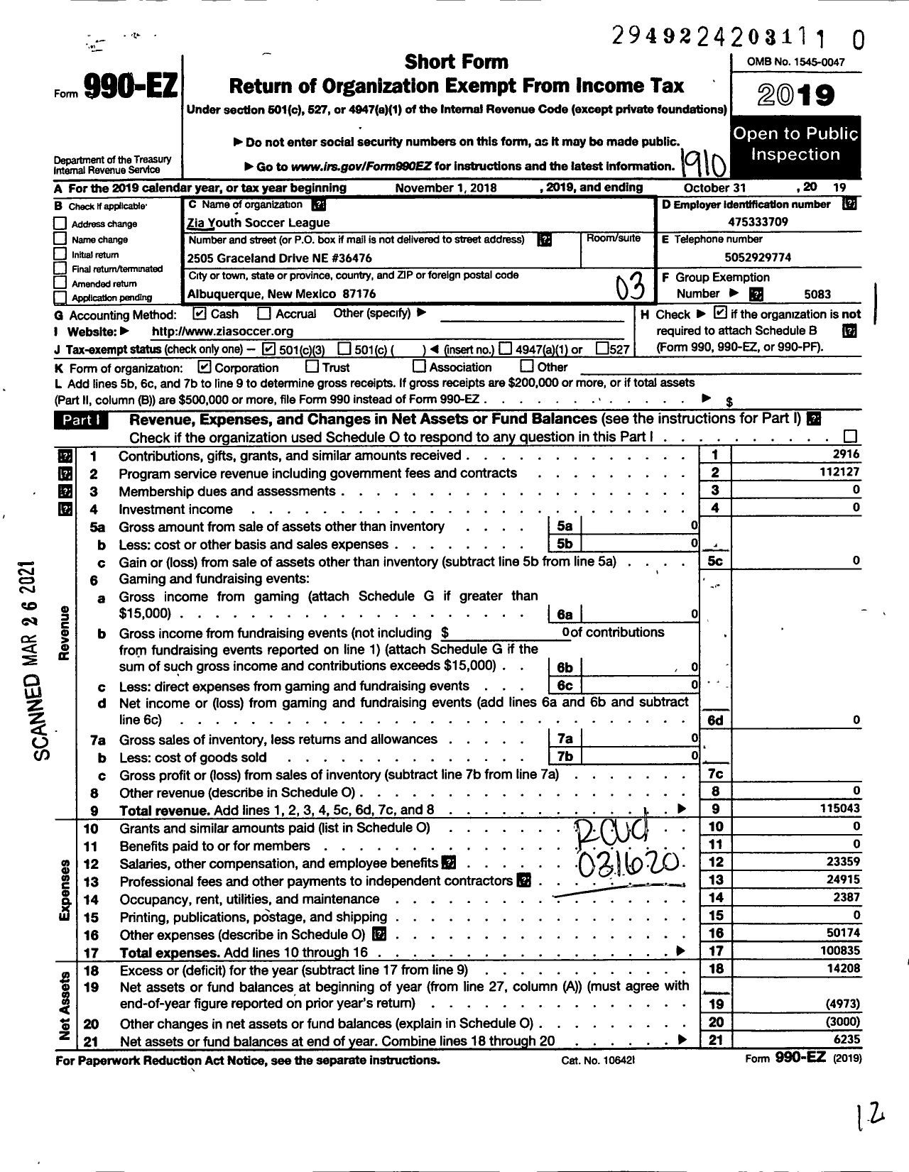 Image of first page of 2018 Form 990EZ for SOCCER ASSOC FOR Youth Zia Youth SOCCER League