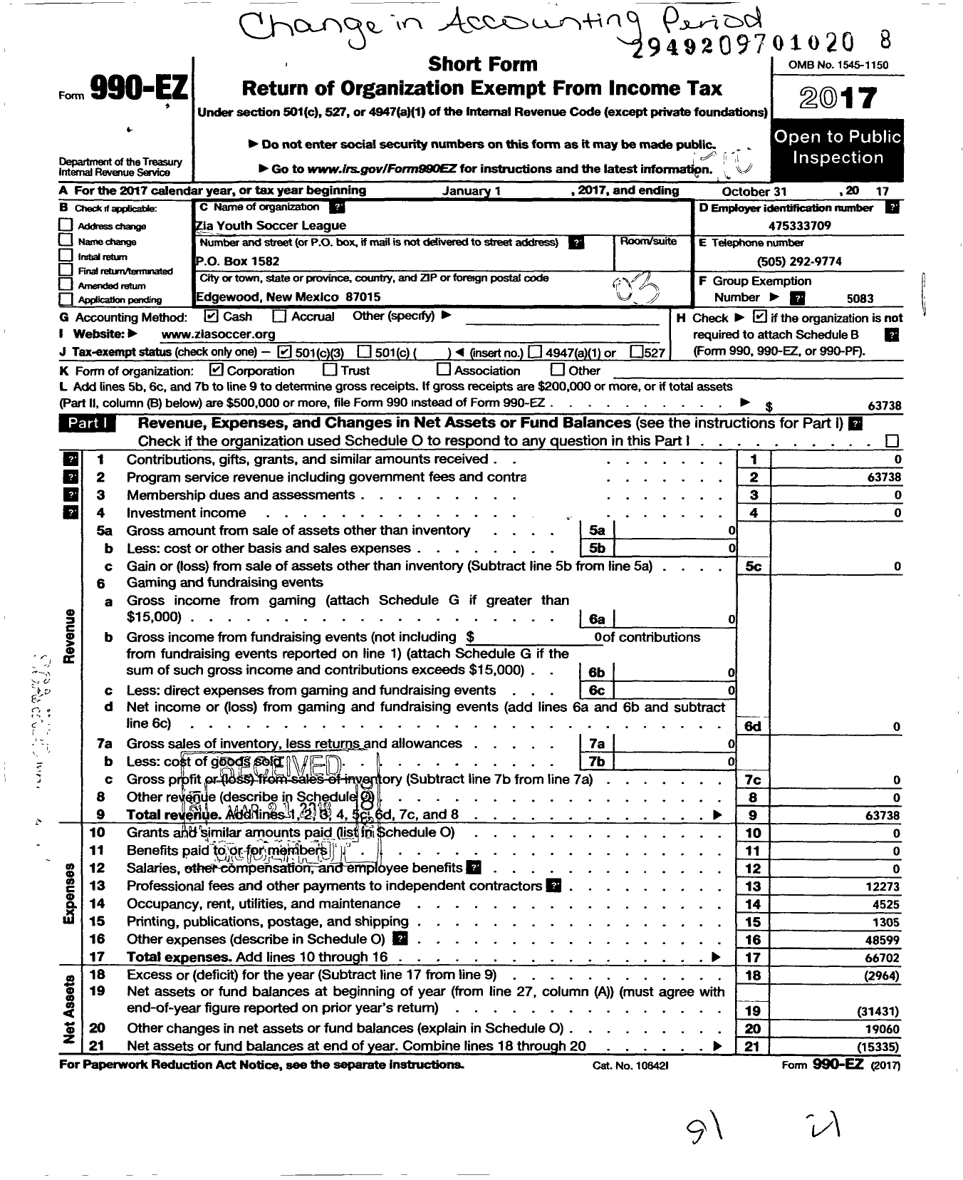 Image of first page of 2016 Form 990EZ for SOCCER ASSOC FOR Youth Zia Youth SOCCER League