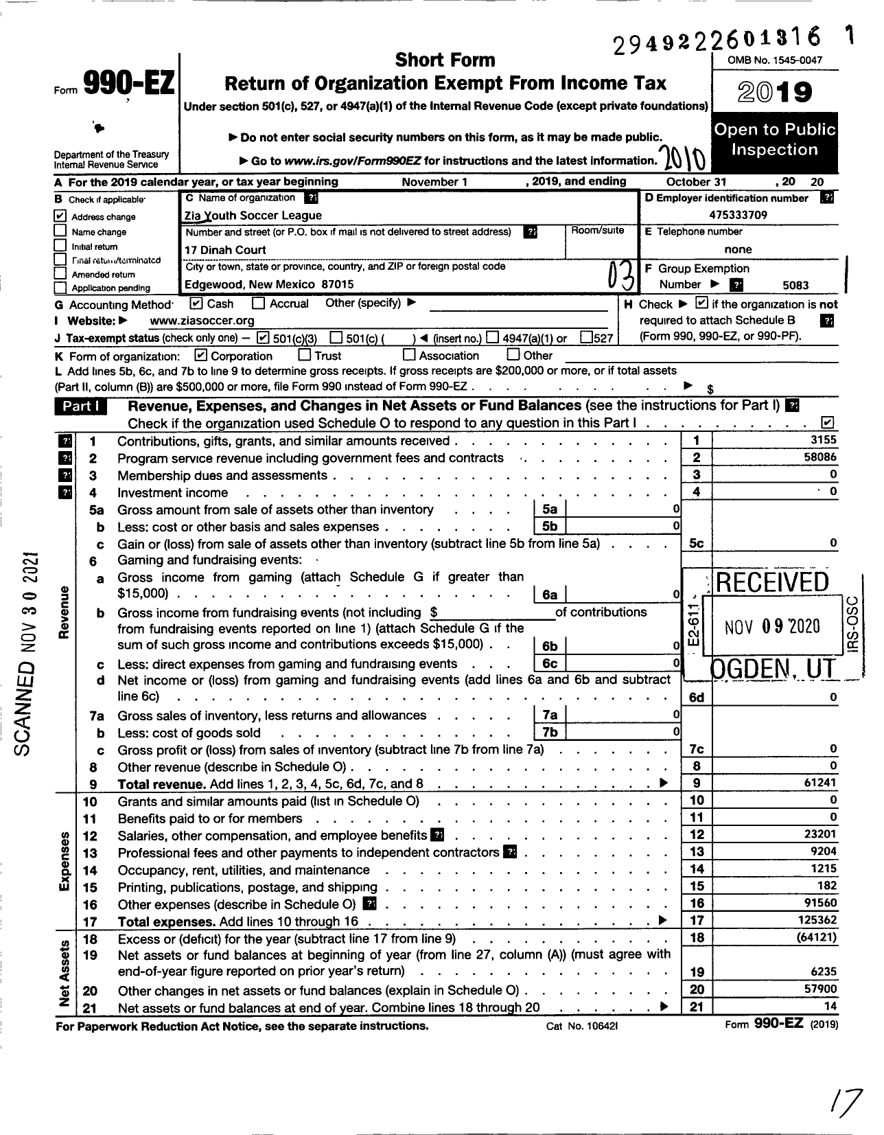 Image of first page of 2019 Form 990EZ for SOCCER ASSOC FOR Youth Zia Youth SOCCER League