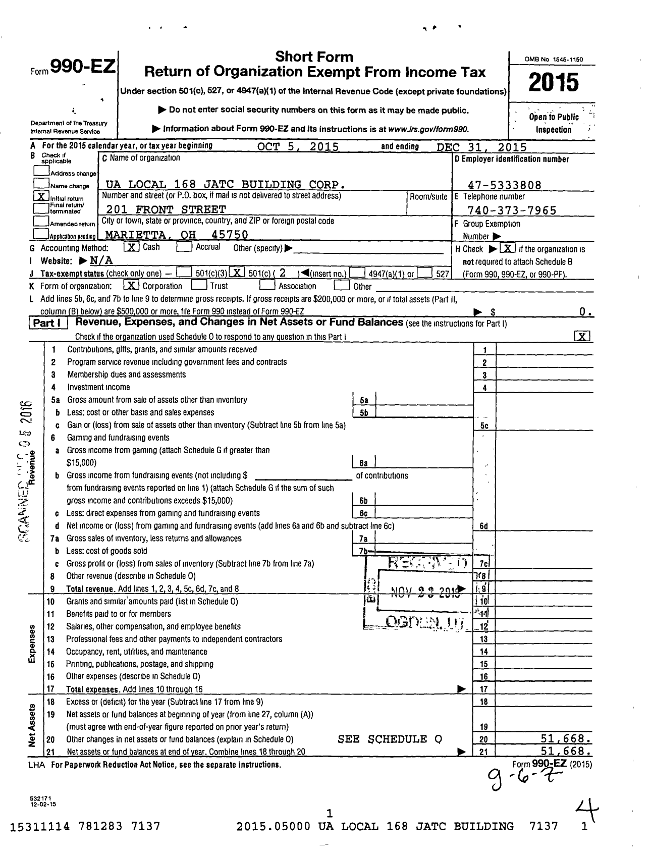 Image of first page of 2015 Form 990EO for Ua Local 168 Jatc Building Corporation