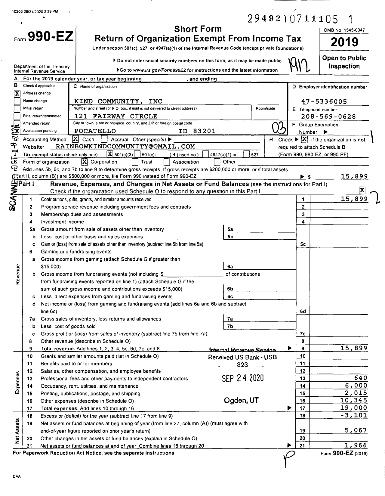 Image of first page of 2019 Form 990EZ for Kind Community