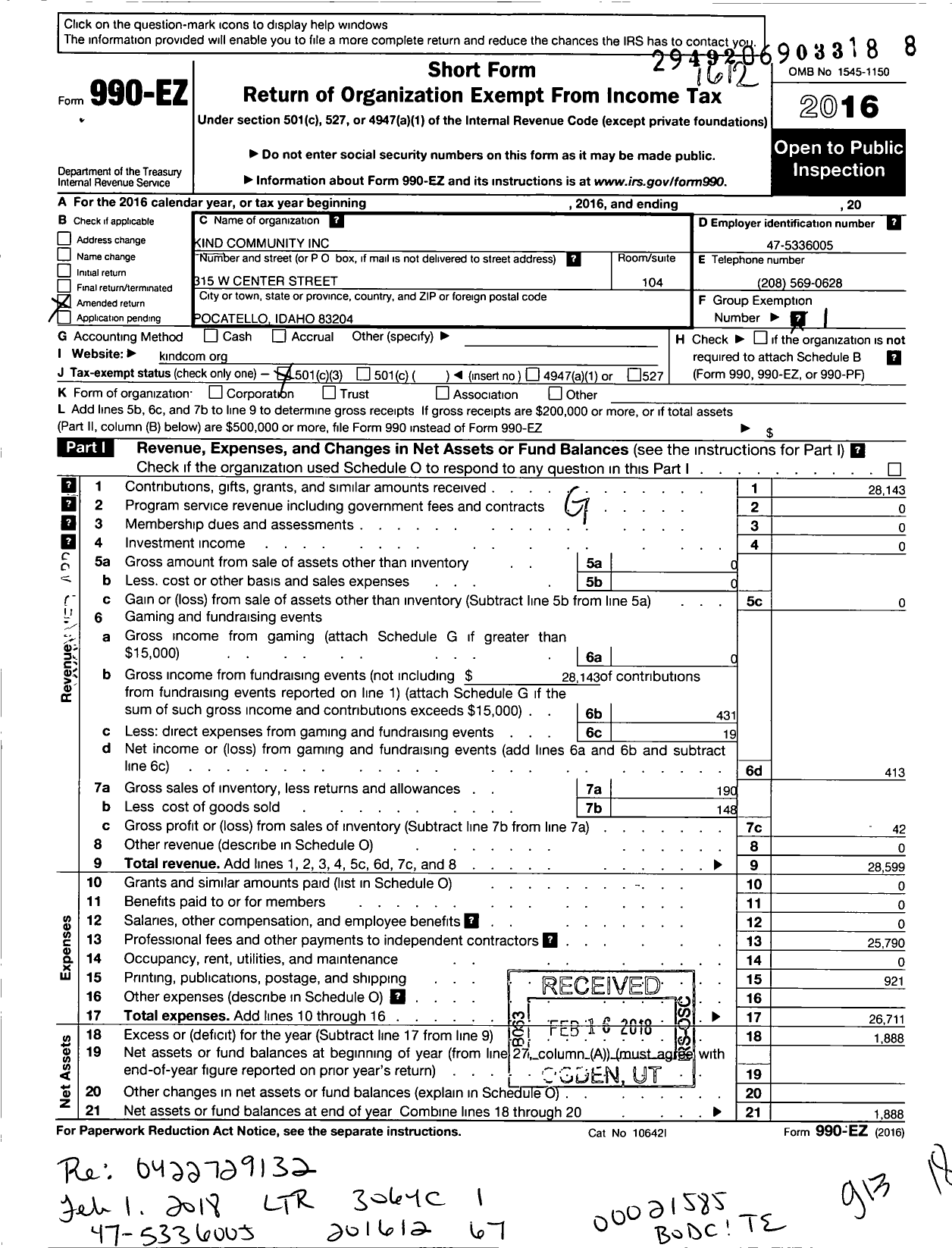 Image of first page of 2016 Form 990EZ for Kind Community