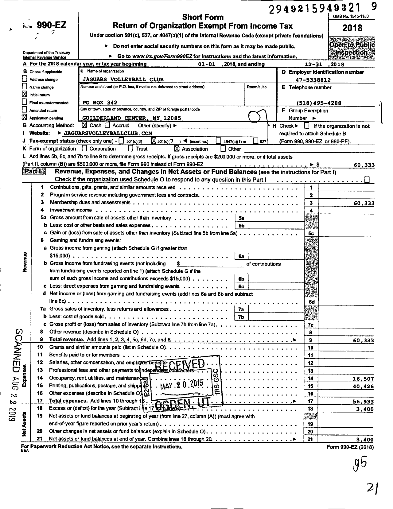 Image of first page of 2018 Form 990EO for Jaguars Volleyball Club