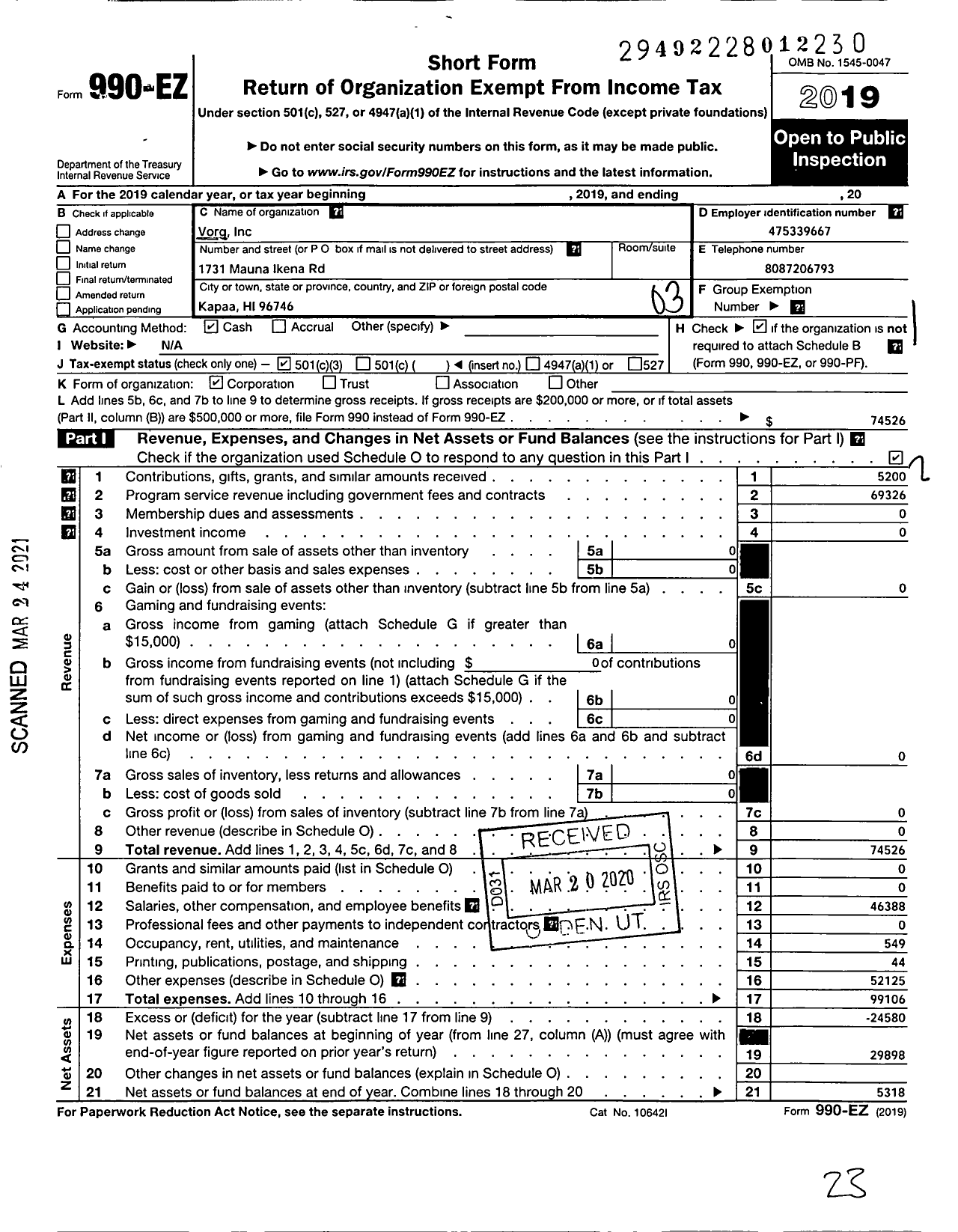 Image of first page of 2019 Form 990EZ for Vorg