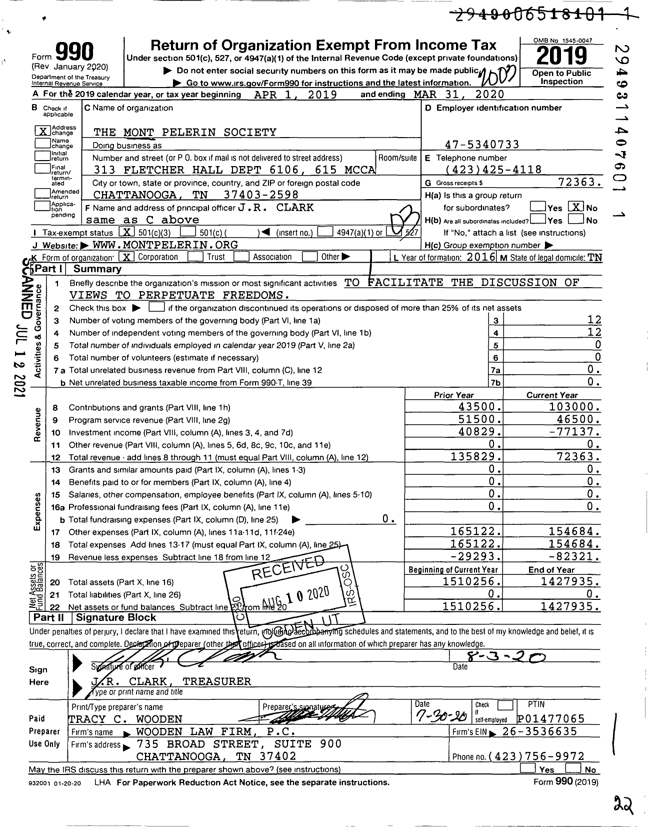 Image of first page of 2019 Form 990 for The Mont Pelerin Society