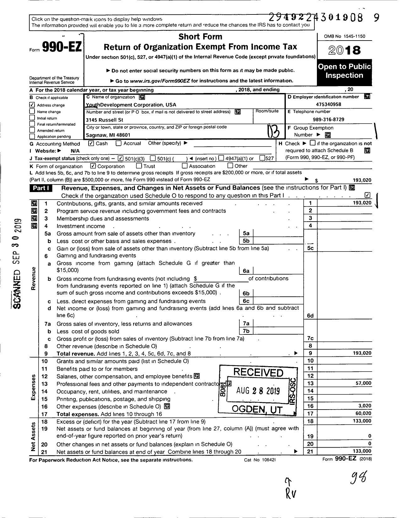 Image of first page of 2018 Form 990EZ for Youth Development Corporation USA
