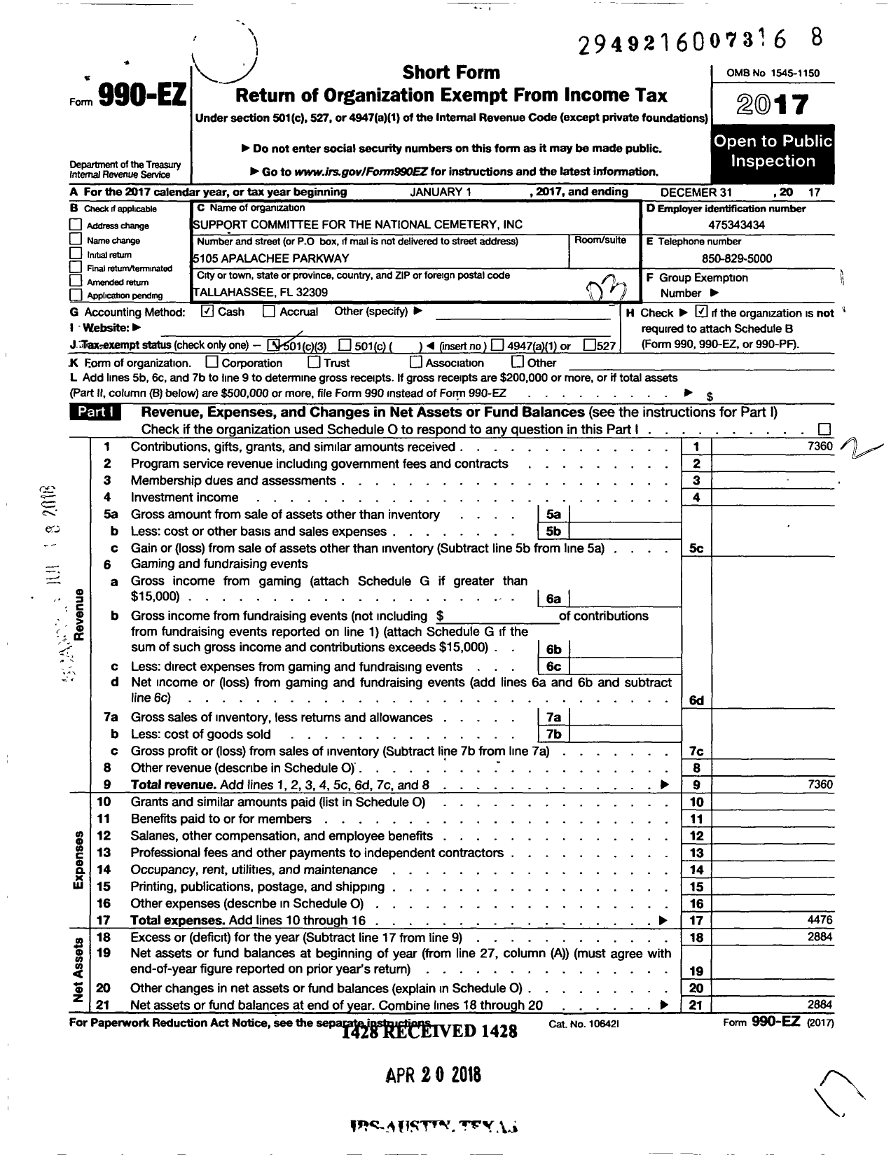 Image of first page of 2017 Form 990EZ for Support Committee for the Tallahassee National Cemetery