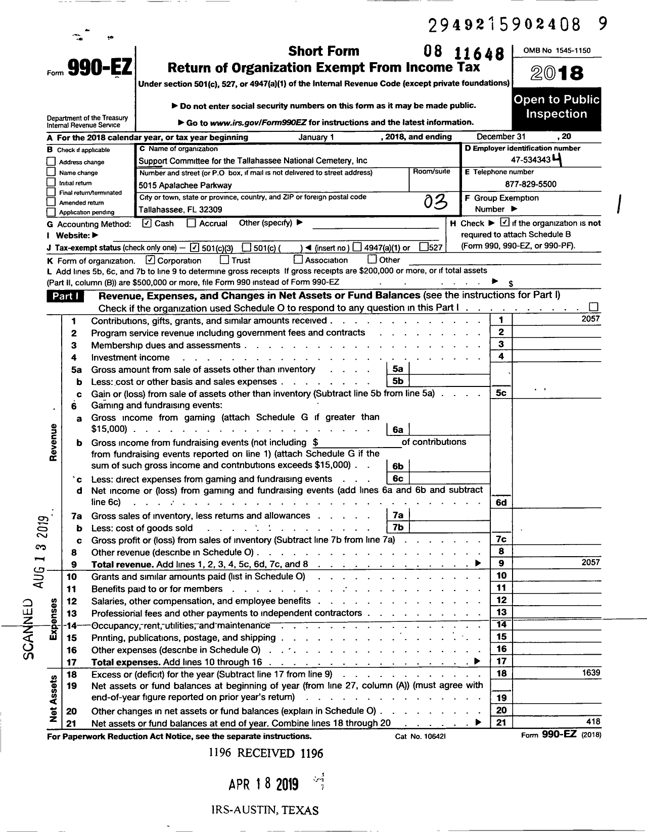 Image of first page of 2018 Form 990EZ for Support Committee for the Tallahassee National Cemetery