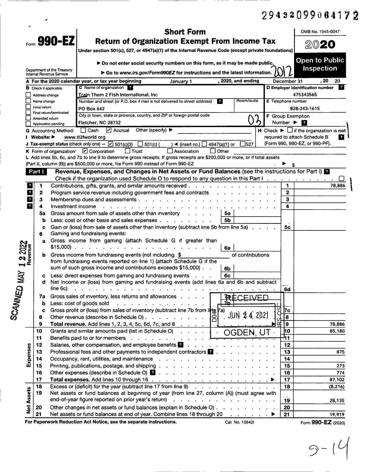 Image of first page of 2020 Form 990EZ for Train Them 2 Fish International