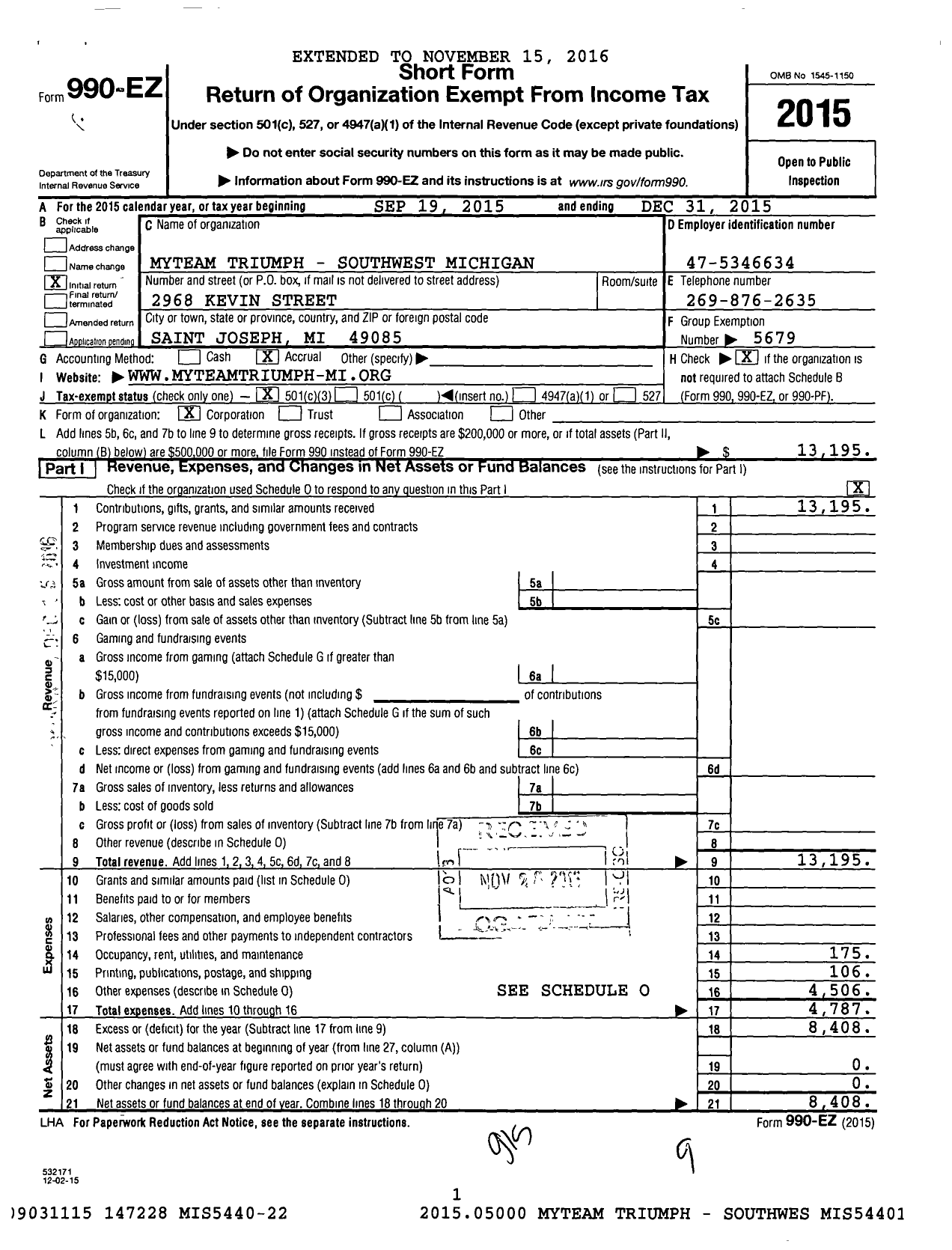 Image of first page of 2015 Form 990EZ for Myteam Triumph / Michigan Chapter