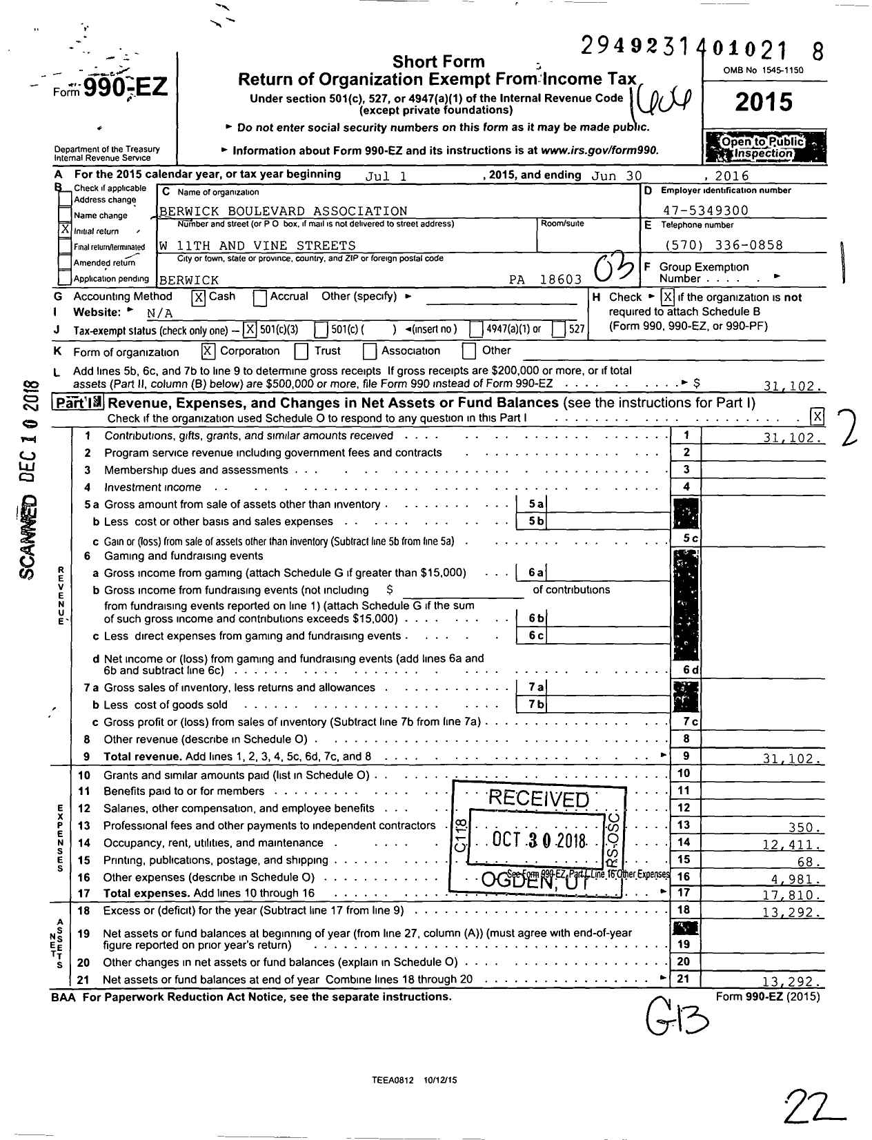 Image of first page of 2015 Form 990EZ for Berwick Boulevard Association