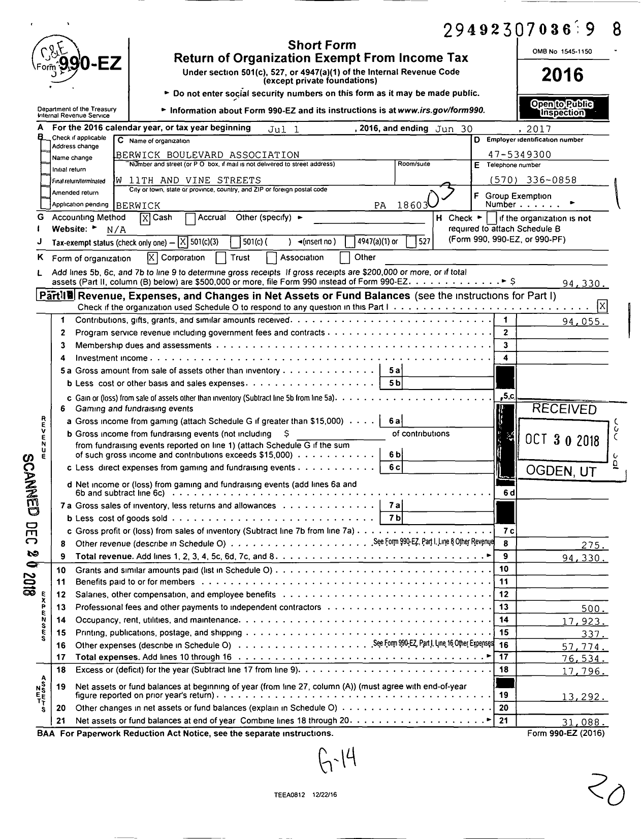 Image of first page of 2016 Form 990EZ for Berwick Boulevard Association