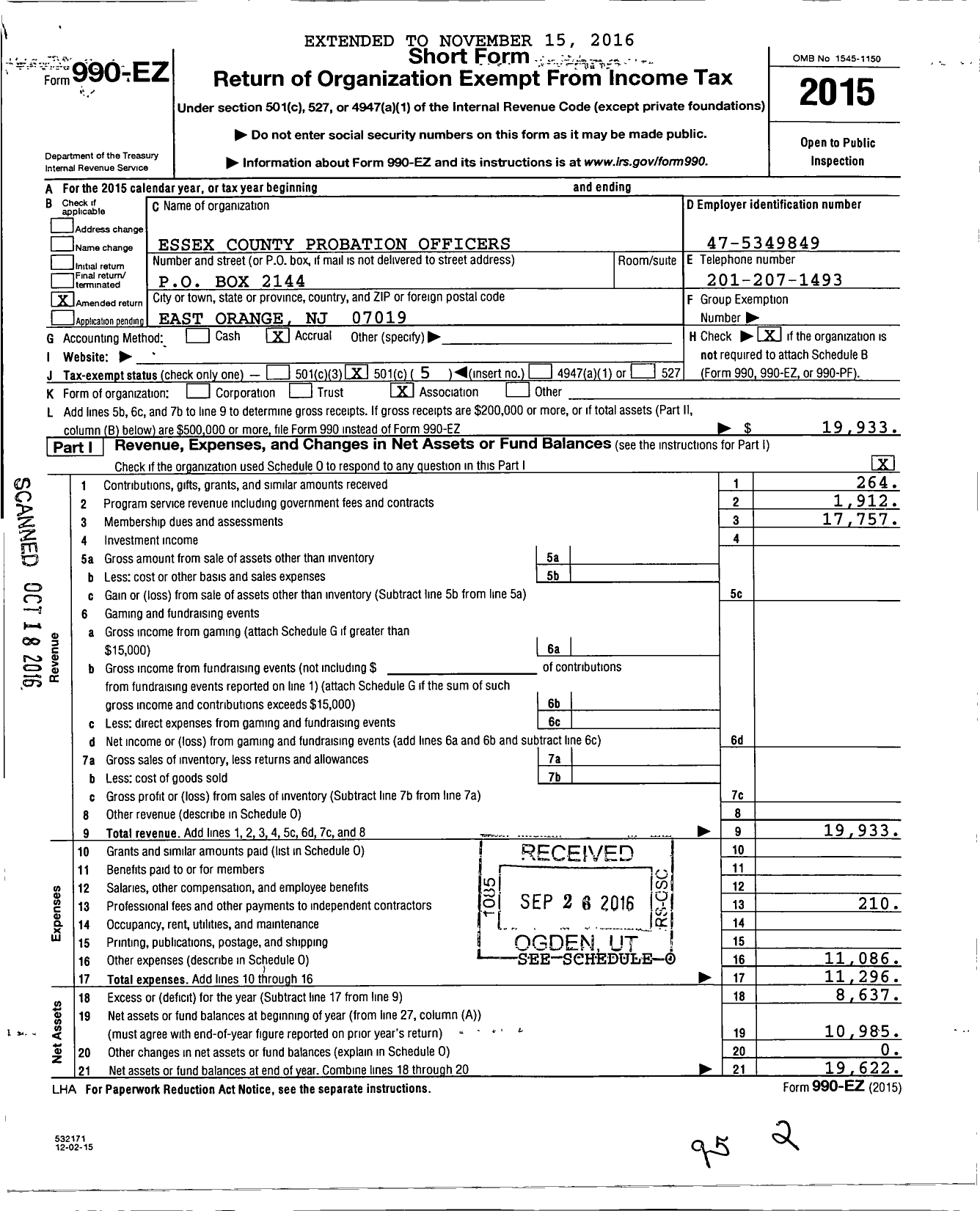 Image of first page of 2015 Form 990EO for Probation Association of New Jersey - 101 Essex County Probation Associat