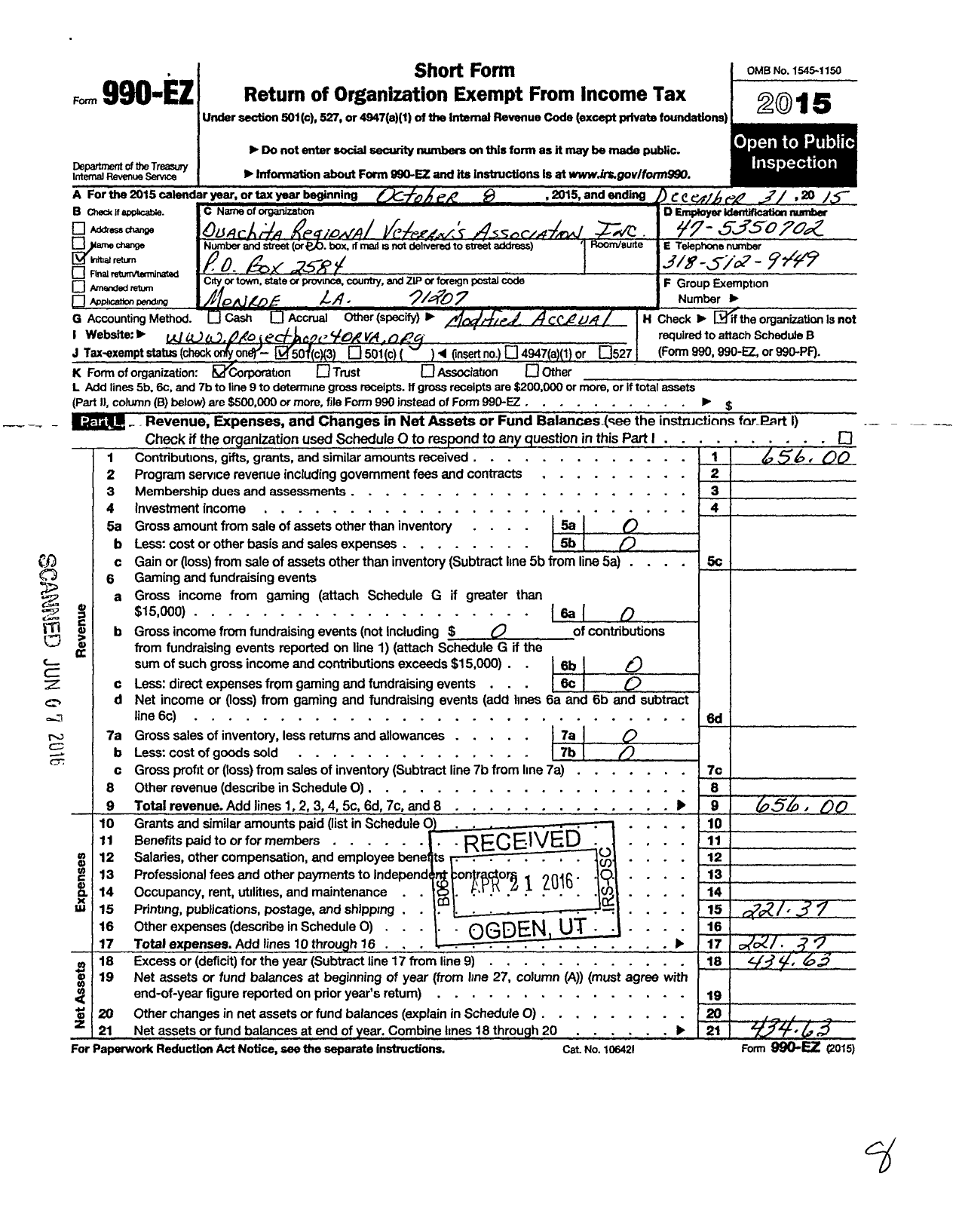 Image of first page of 2015 Form 990EZ for Ouachita Regional Veterans Association (ORVA)