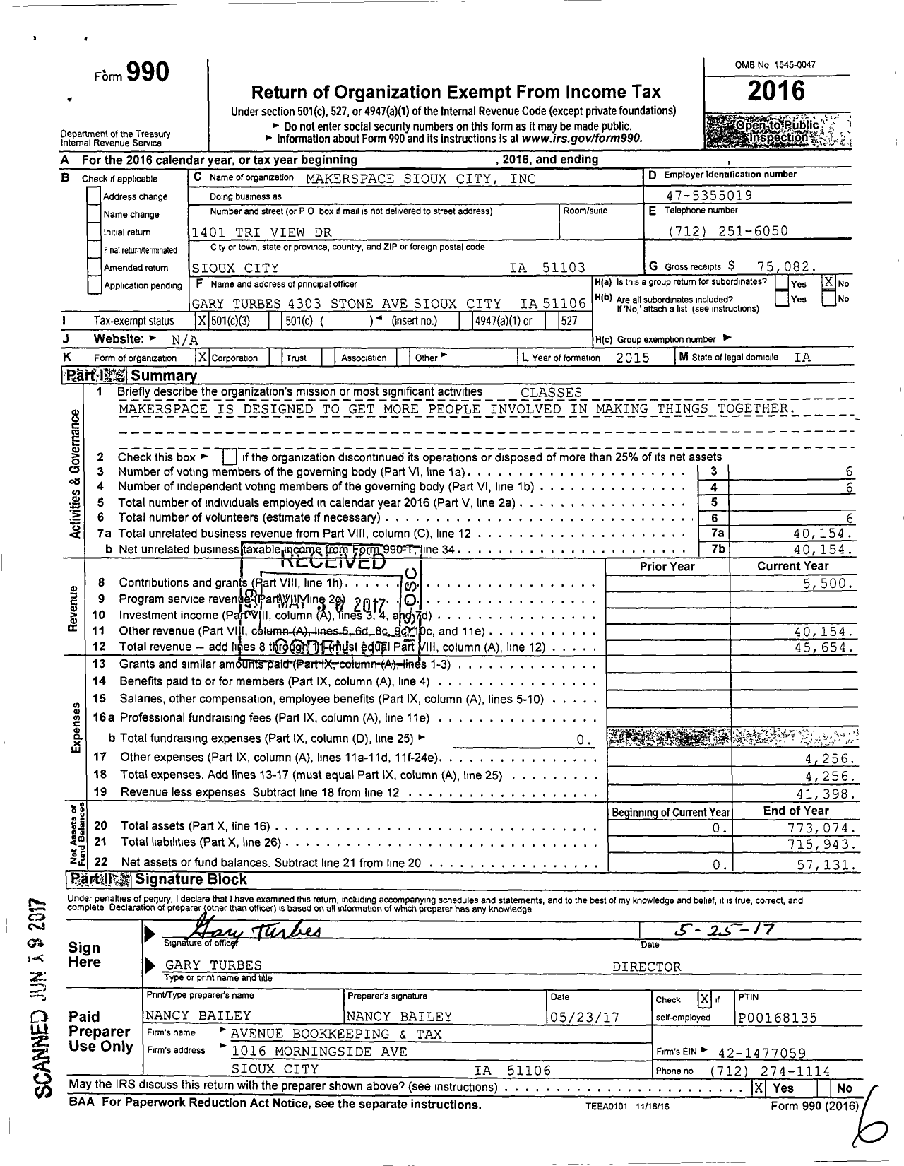 Image of first page of 2016 Form 990 for Makerspace Sioux City