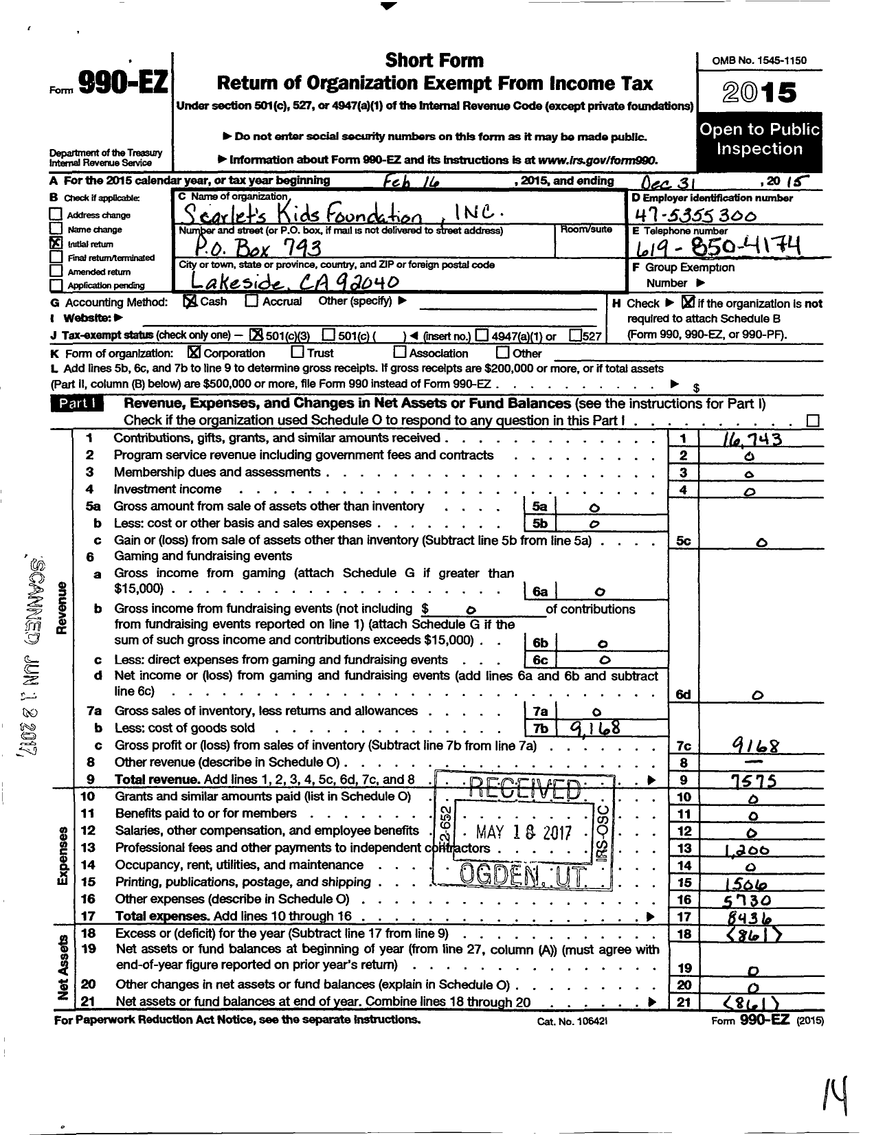 Image of first page of 2015 Form 990EZ for Scarlets Kids