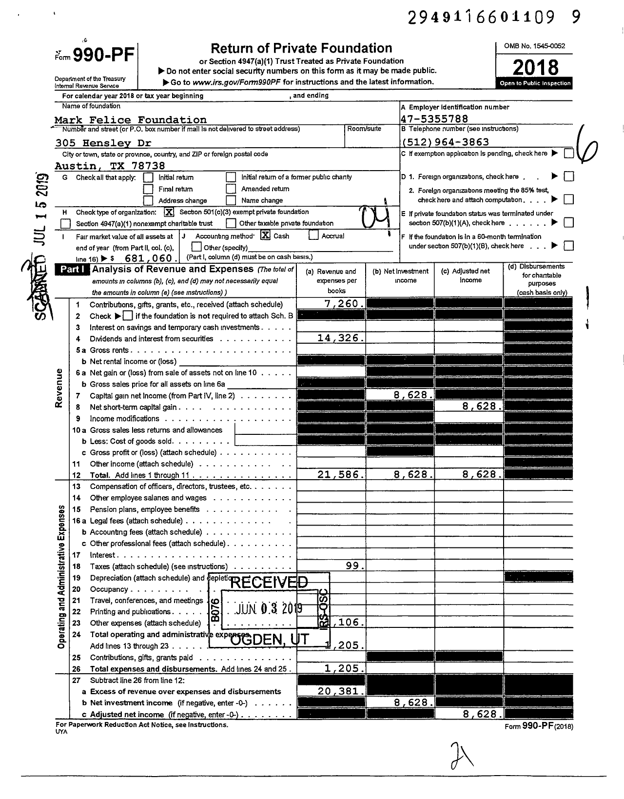 Image of first page of 2018 Form 990PF for Mark Felice Foundation