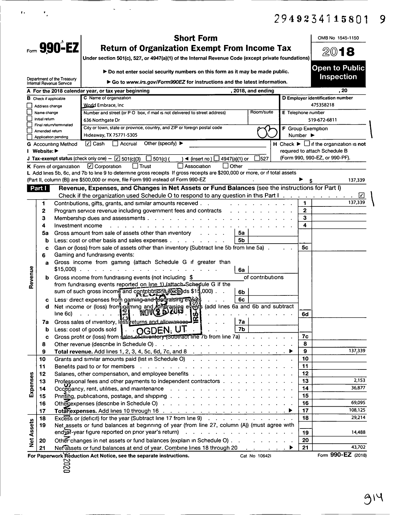 Image of first page of 2018 Form 990EZ for World Embrace