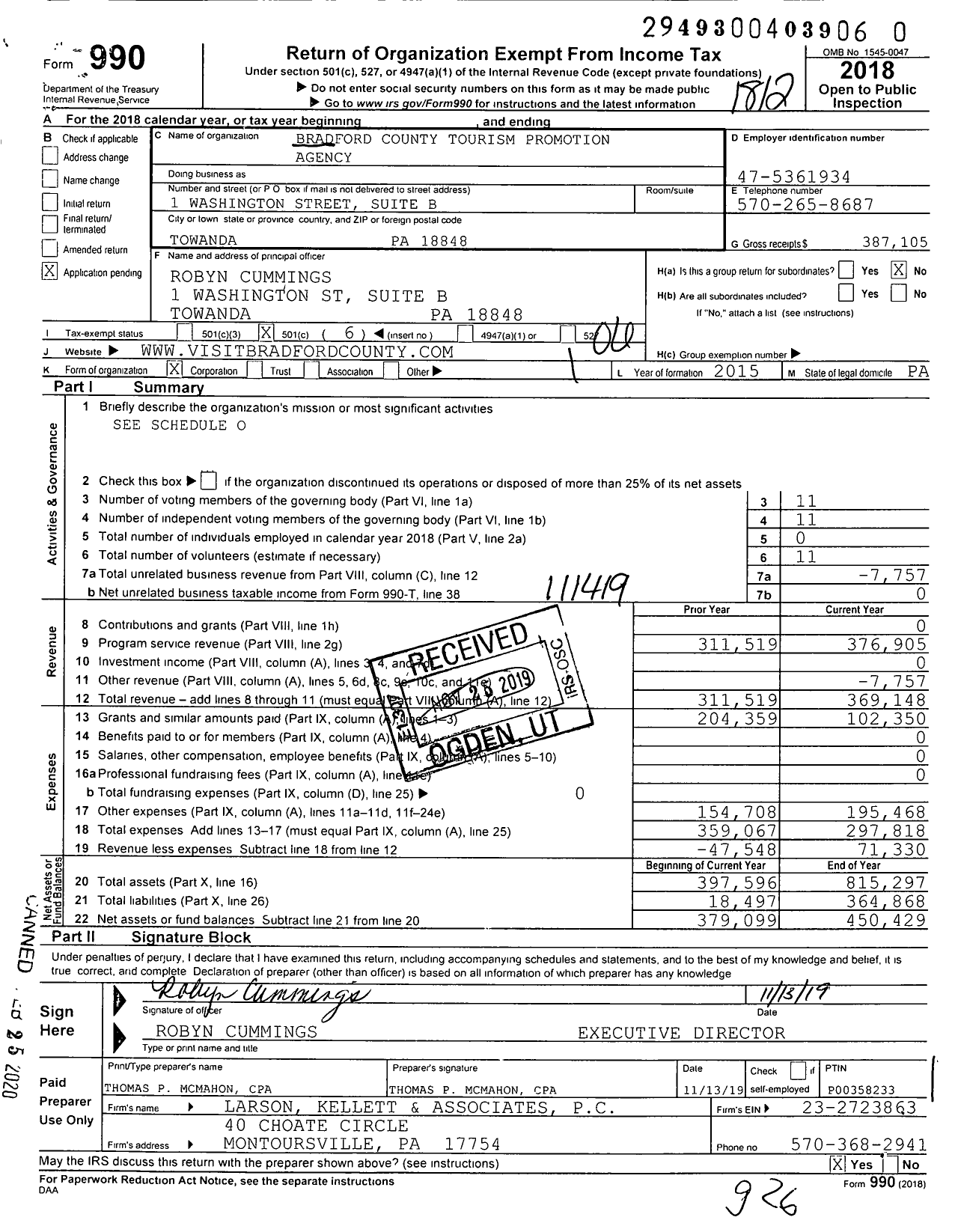 Image of first page of 2018 Form 990O for Bradford County Tourism Promotion Agency