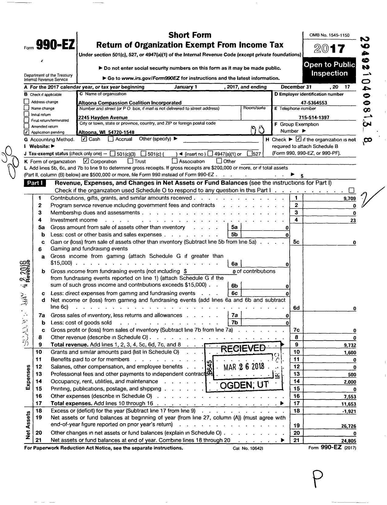 Image of first page of 2017 Form 990EO for Altoona Compassion Coalition Incorporated