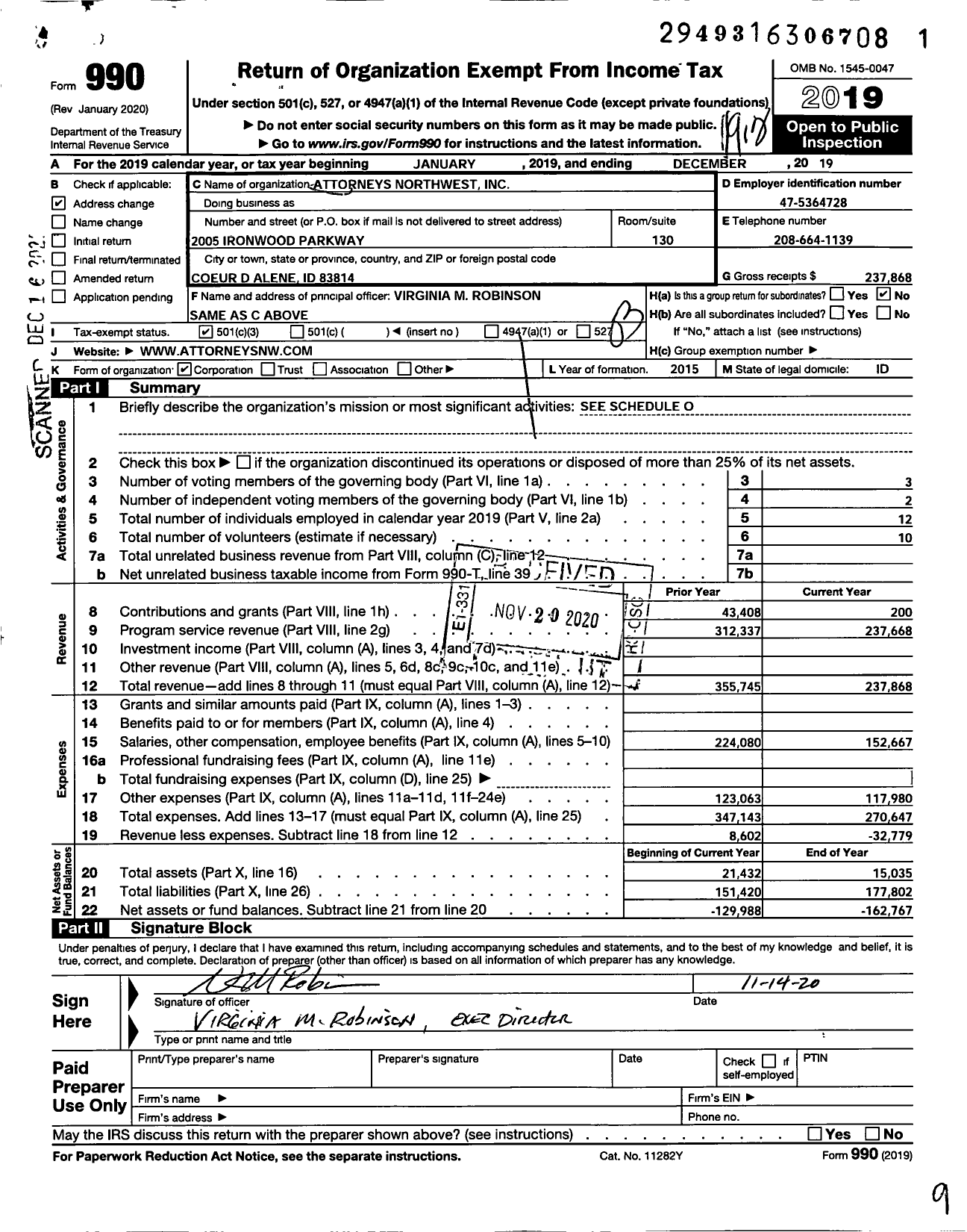 Image of first page of 2019 Form 990 for Attorneys Northwest