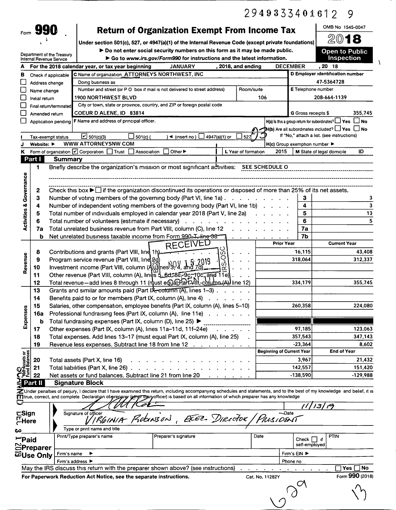 Image of first page of 2018 Form 990 for Attorneys Northwest