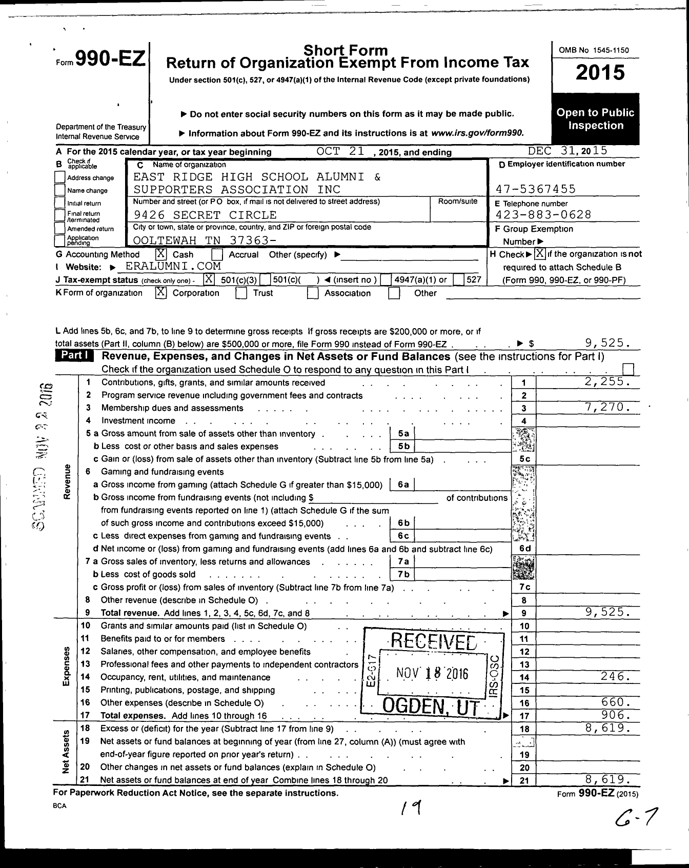 Image of first page of 2015 Form 990EZ for E R High Alumni and Supp Association