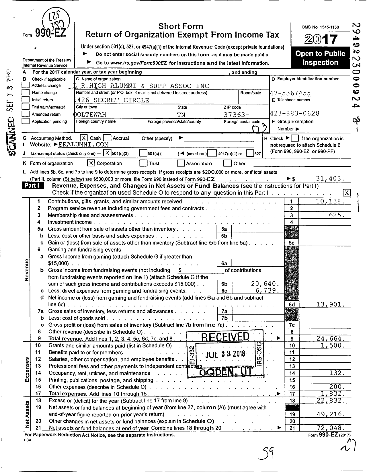 Image of first page of 2017 Form 990EZ for E R High Alumni and Supp Association