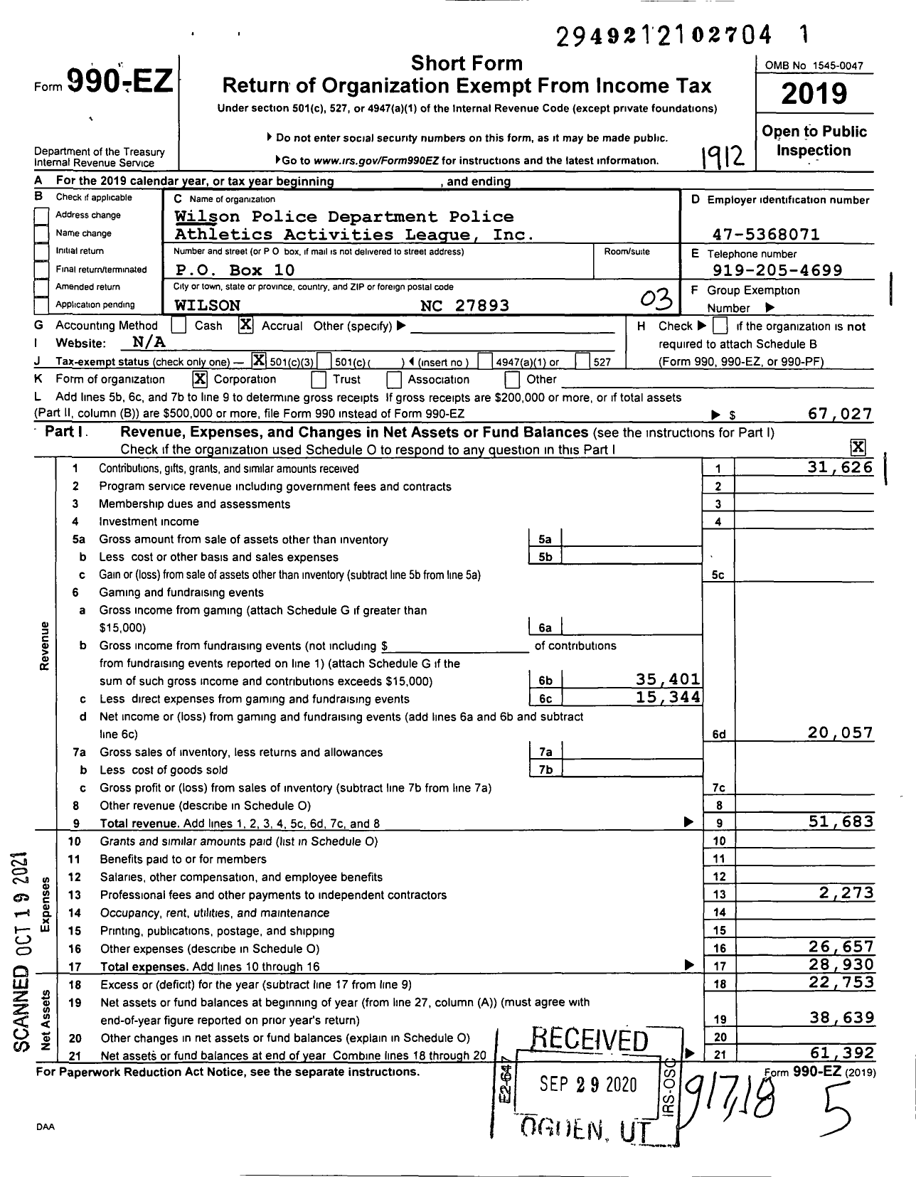 Image of first page of 2019 Form 990EZ for Wilson Police Department Police Athletics Activities League